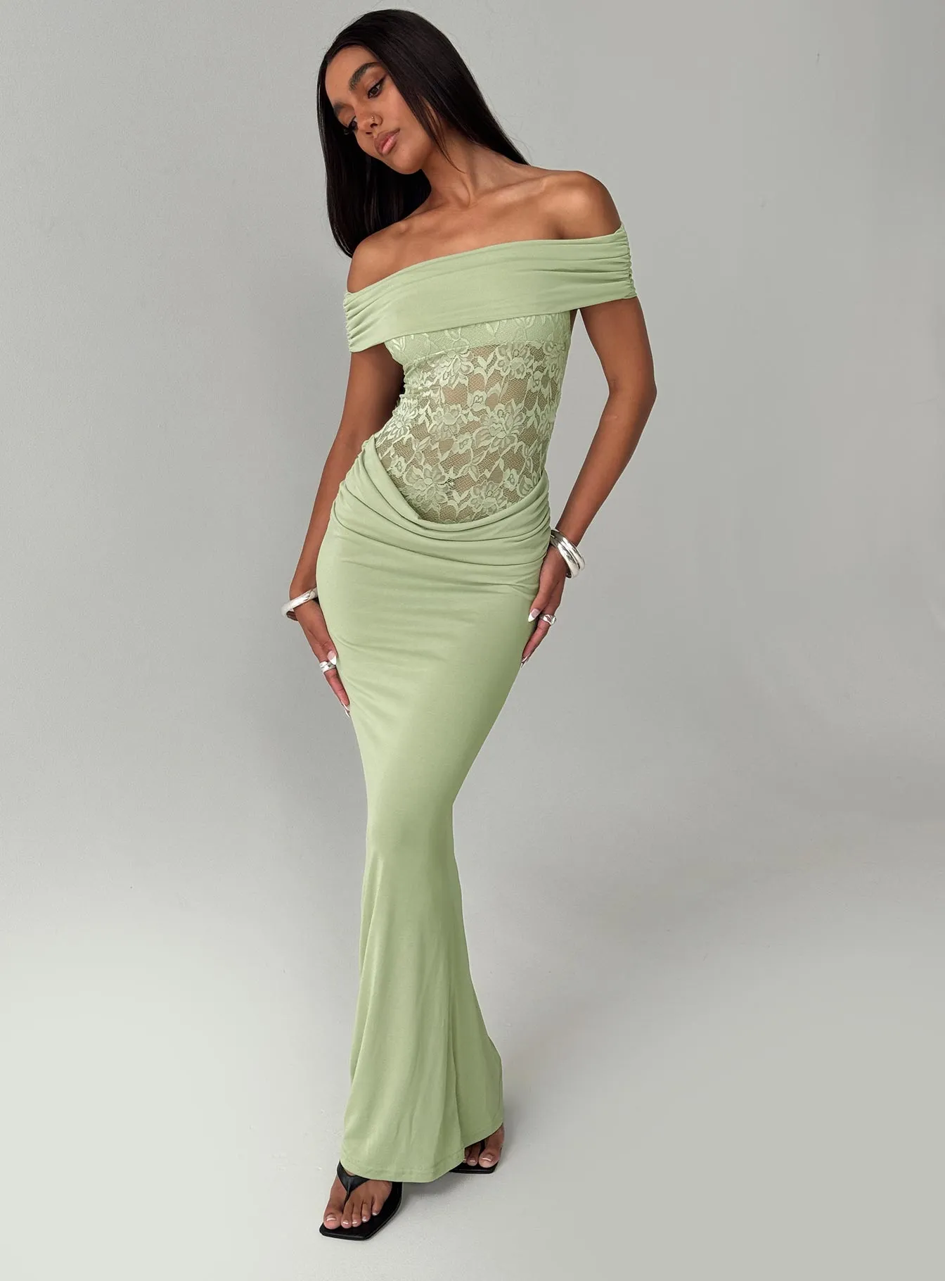 Gwendolen Off The Shoulder Maxi Dress Green Soft fabric maxi gown