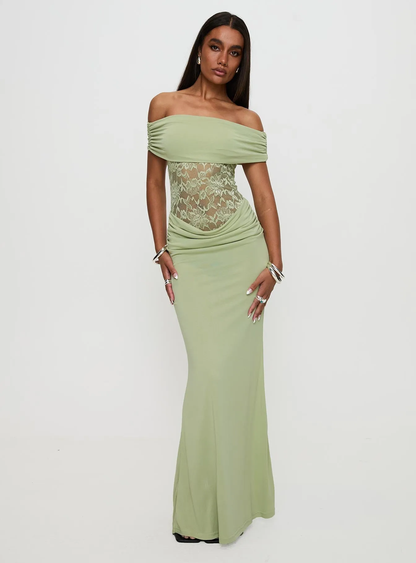 Gwendolen Off The Shoulder Maxi Dress Green Its elegant silhouette adds a touch of sophistication to your everyday look