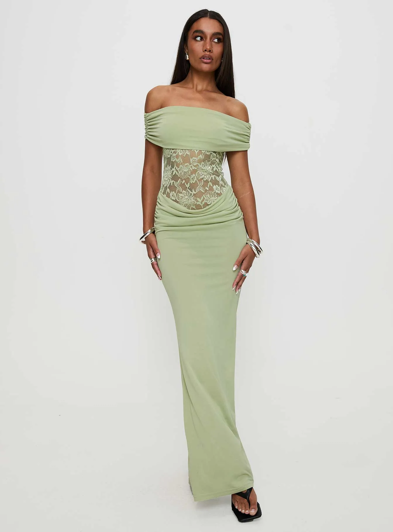 Gwendolen Off The Shoulder Maxi Dress Green Coast Path Cowl Neck