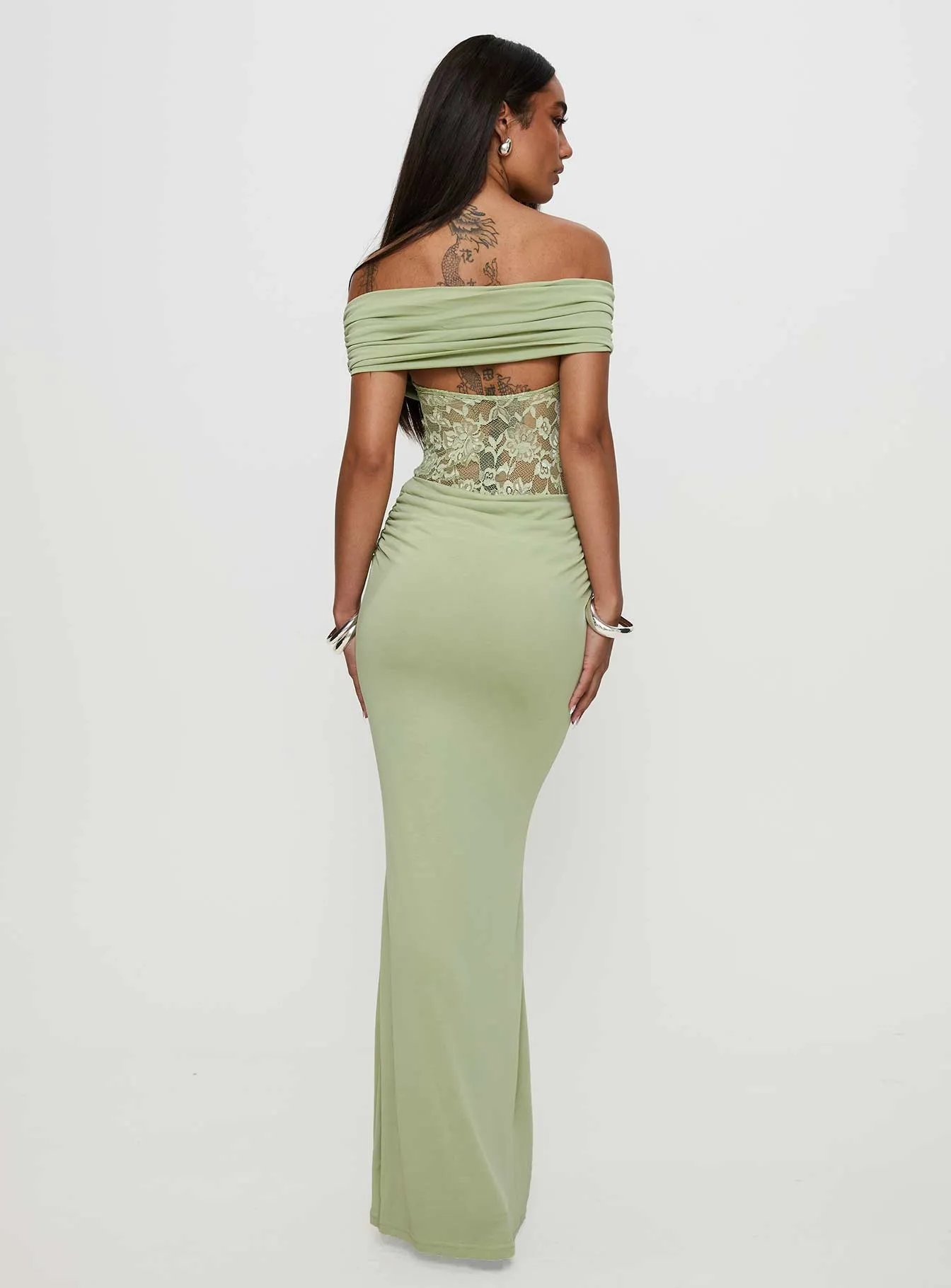Gwendolen Off The Shoulder Maxi Dress Green Ribbon Work