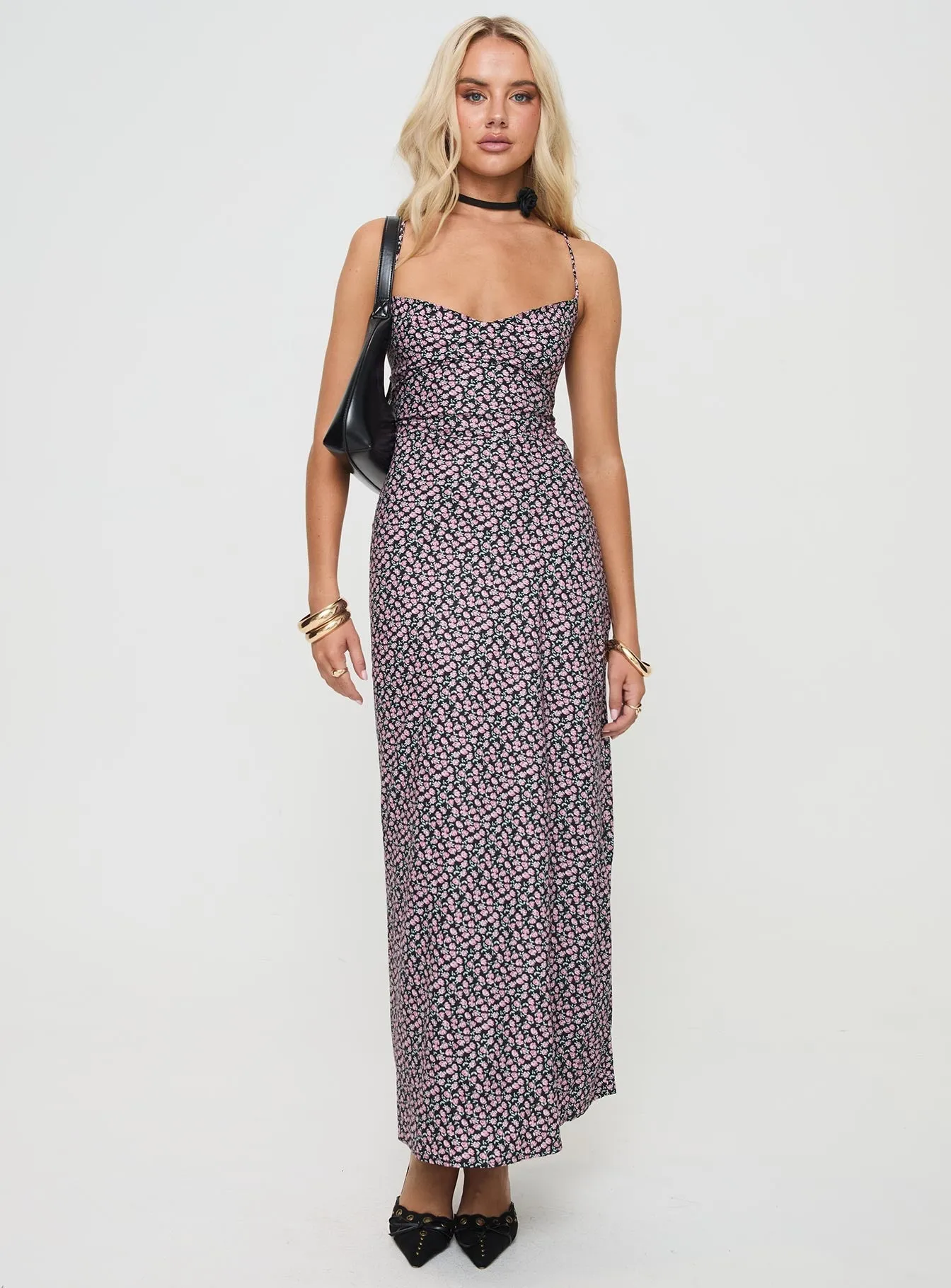 Flare Bottom Steel Frame Laurent Maxi Dress Black Floral