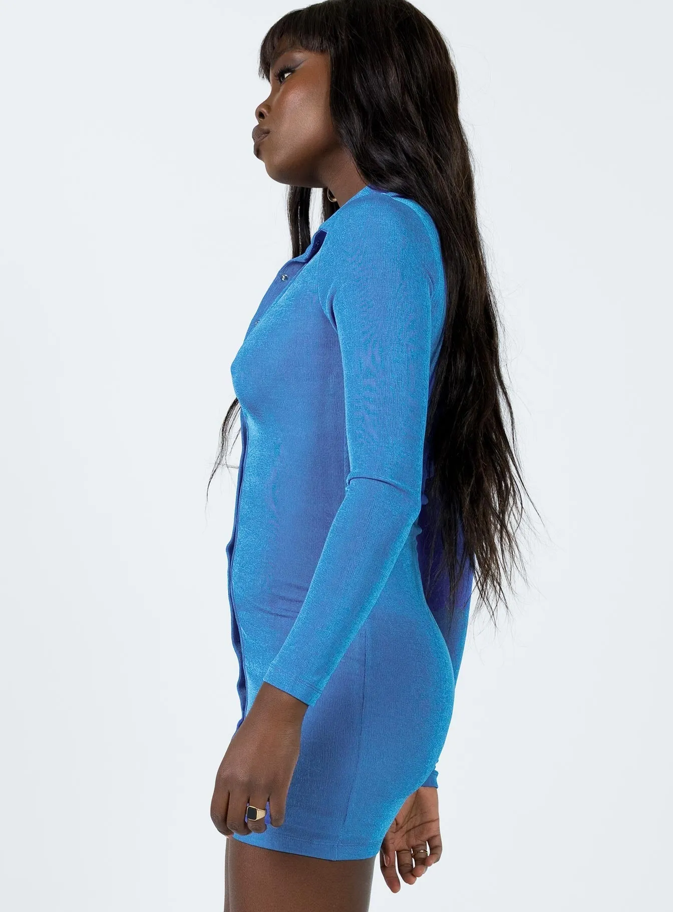 Playful Style Cozy Fit Elody Long Sleeve Mini Dress Blue