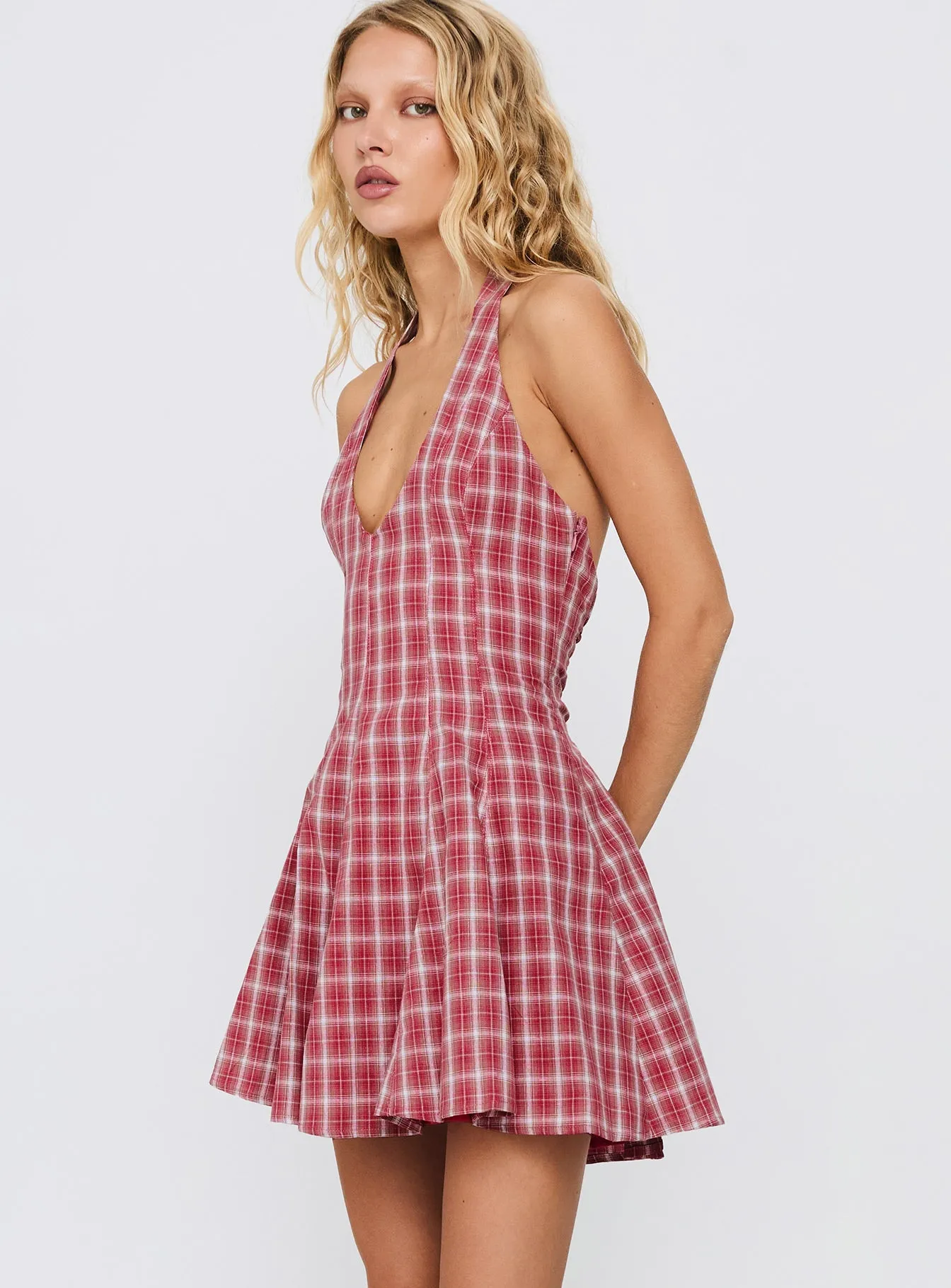 Out Of Nowhere Halter Mini Dress Red Check Vibrant Fashion