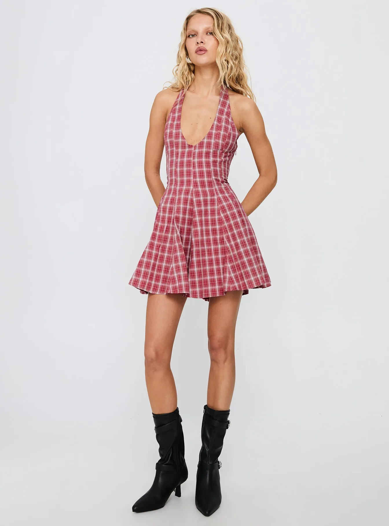 Relaxed mini for warm days Out Of Nowhere Halter Mini Dress Red Check