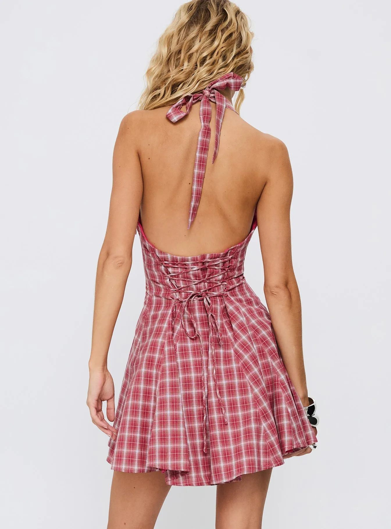 Out Of Nowhere Halter Mini Dress Red Check Bohemian Look Scene Warm