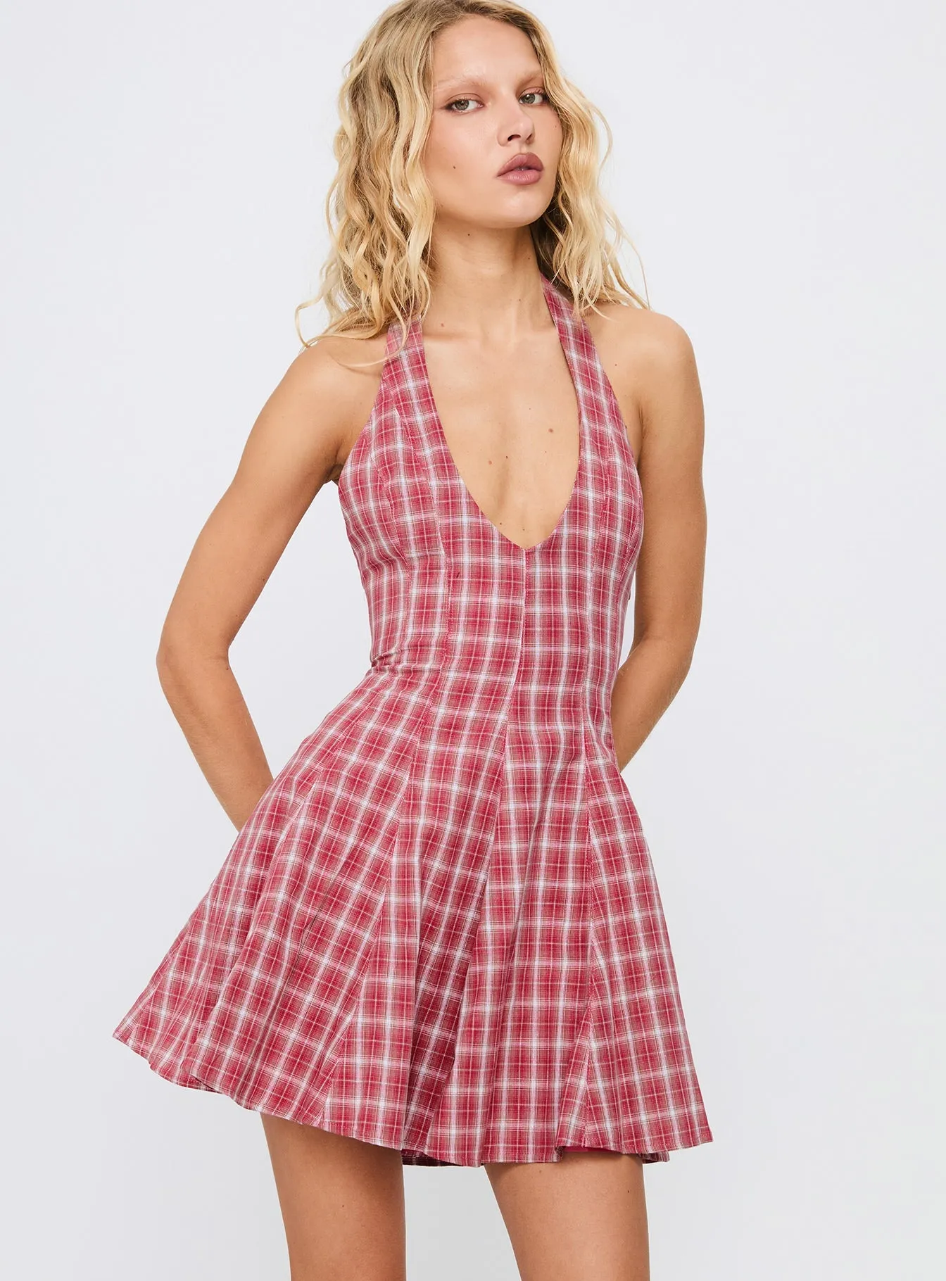 Out Of Nowhere Halter Mini Dress Red Check Multi Way Tying Option Crop Cut
