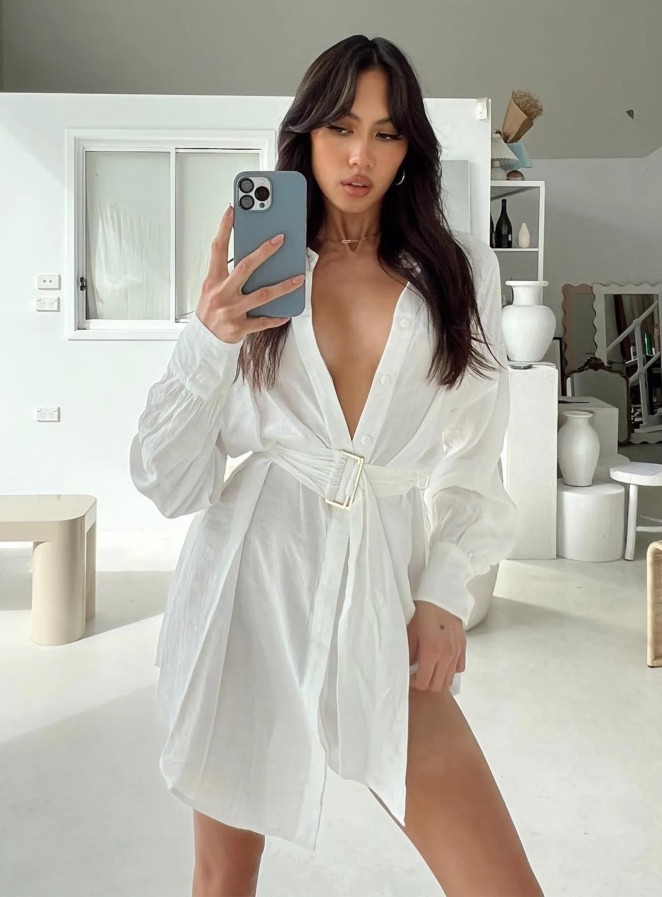 Bilari Textured Fabric Shirt Dress White Bare Leg