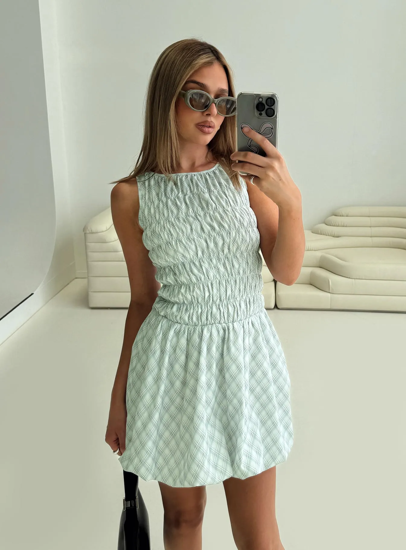 Cozy Fit Style Demure Shirred Bubble Hem Mini Dress Check