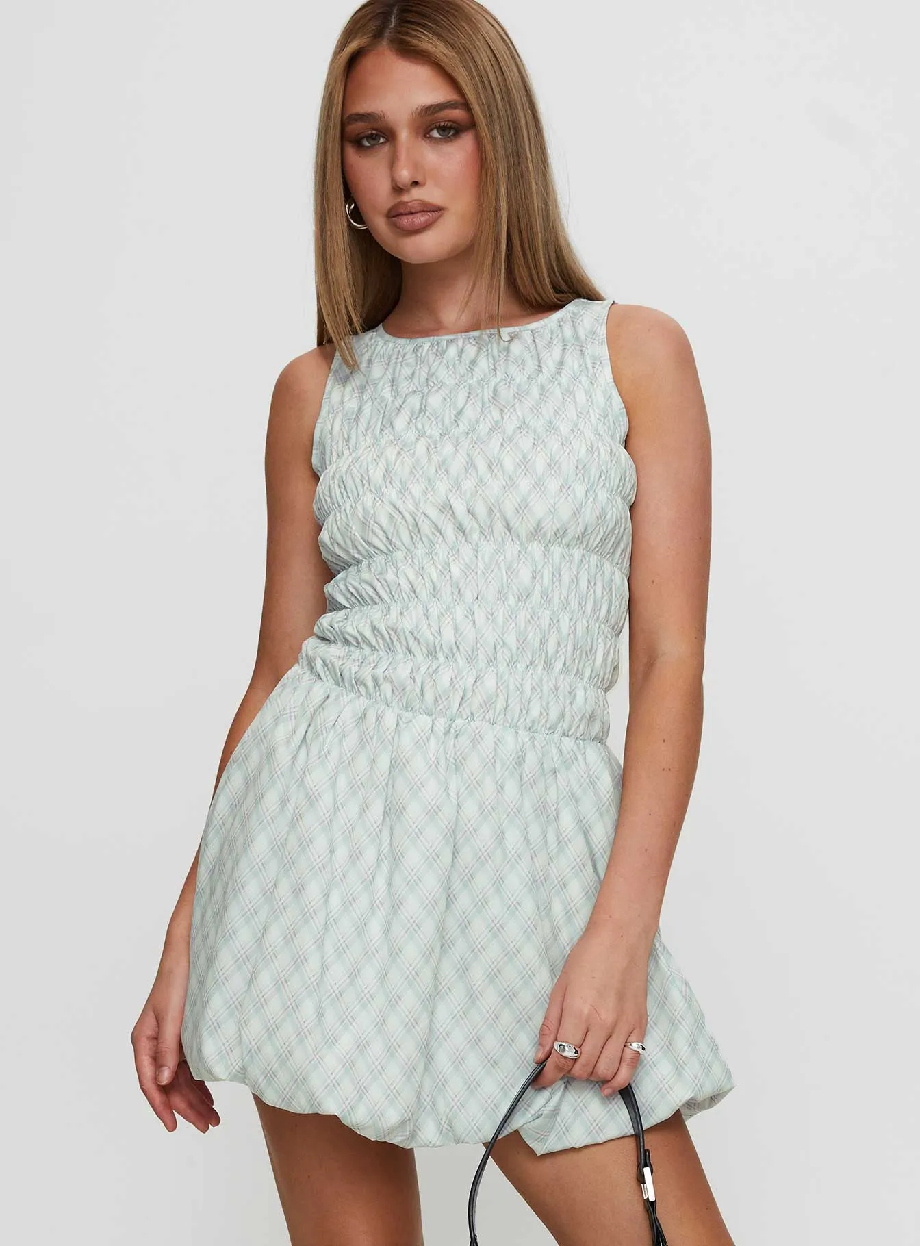 Pop Glow Demure Shirred Bubble Hem Mini Dress Check