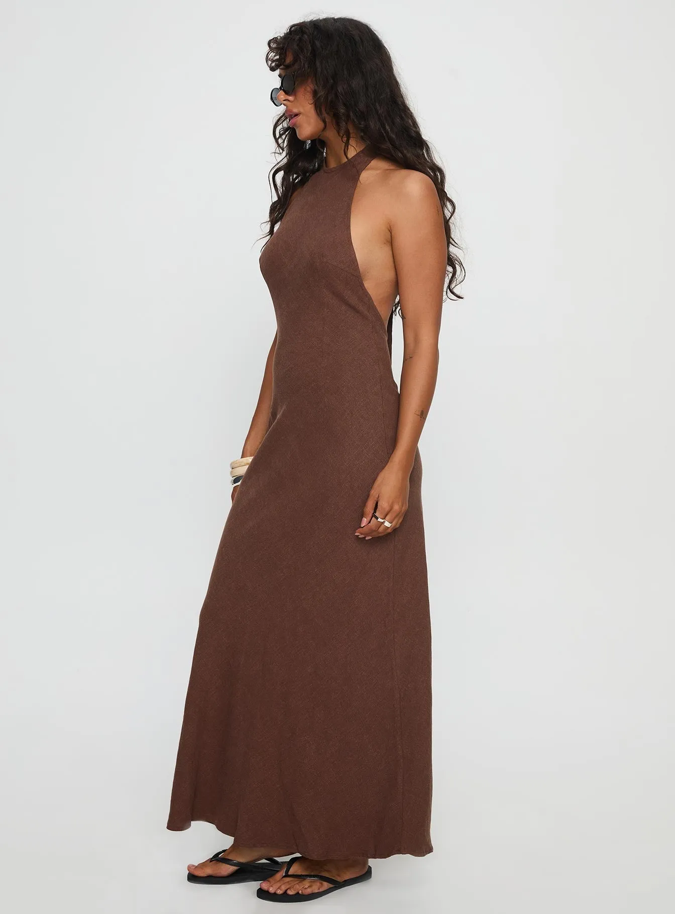 This maxi dress creates an elegant silhouette without sacrificing comfort Weave Art Annetta Halter Maxi Dress Chocolate