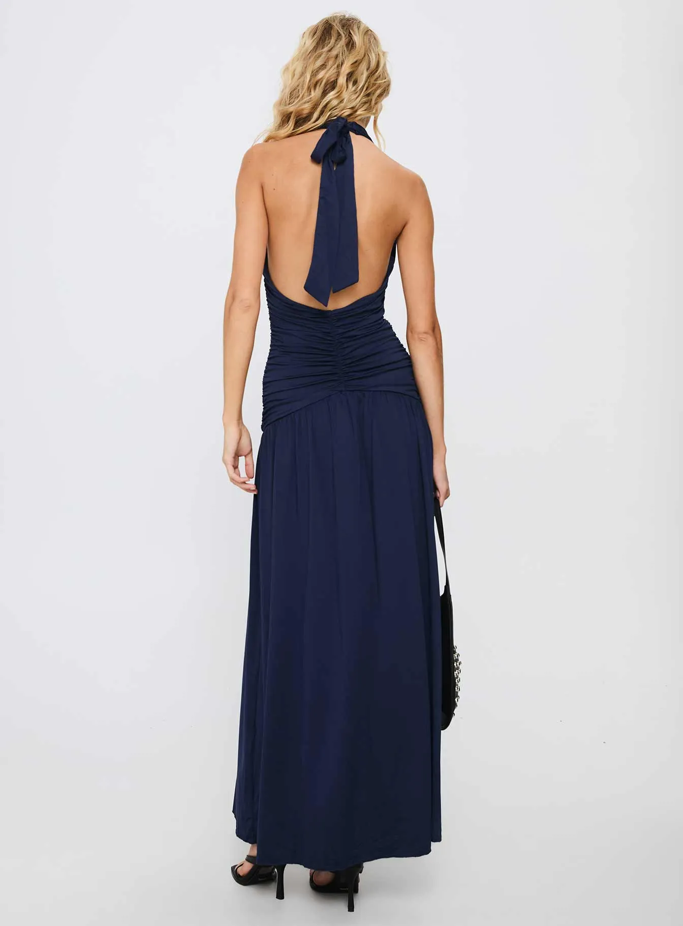 Diona Halter Ruched Maxi Dress Navy Chic Mood