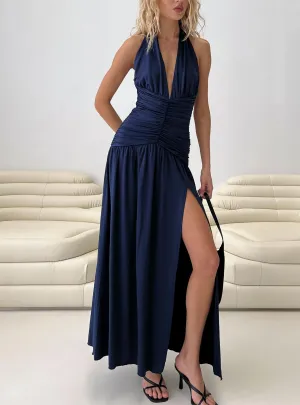 Diona Halter Ruched Maxi Dress Navy Beautiful floor-skimming dress