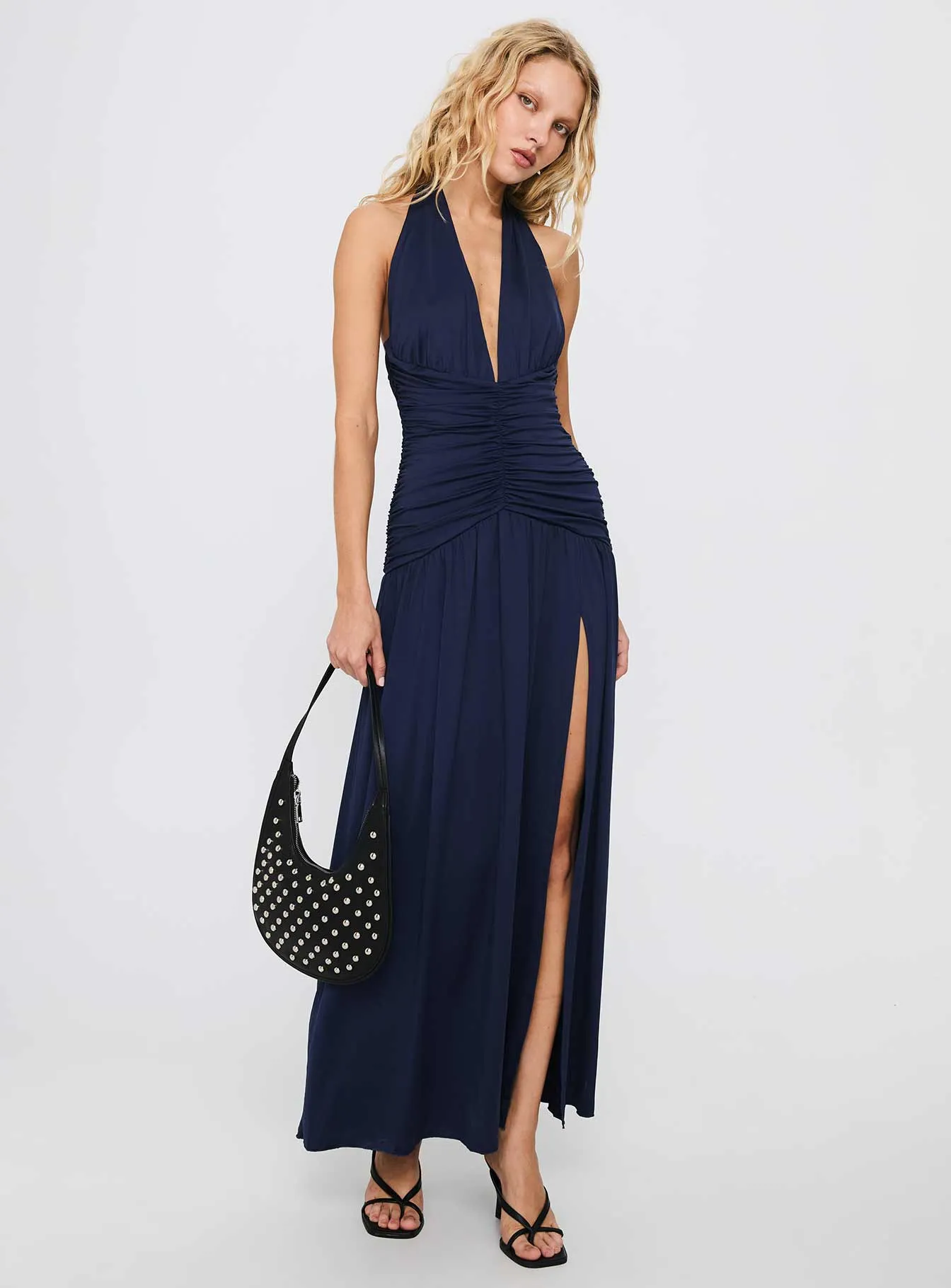 Luxurious long dress Diona Halter Ruched Maxi Dress Navy