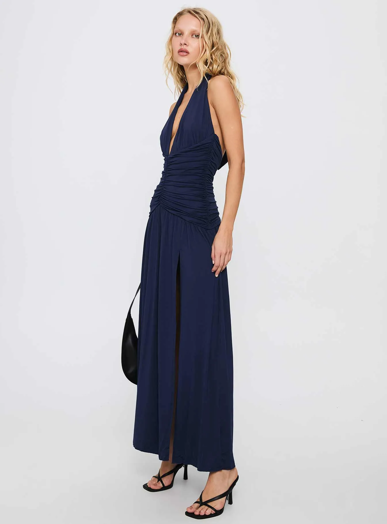 Diona Halter Ruched Maxi Dress Navy Hemp Soft Comfortable night dress