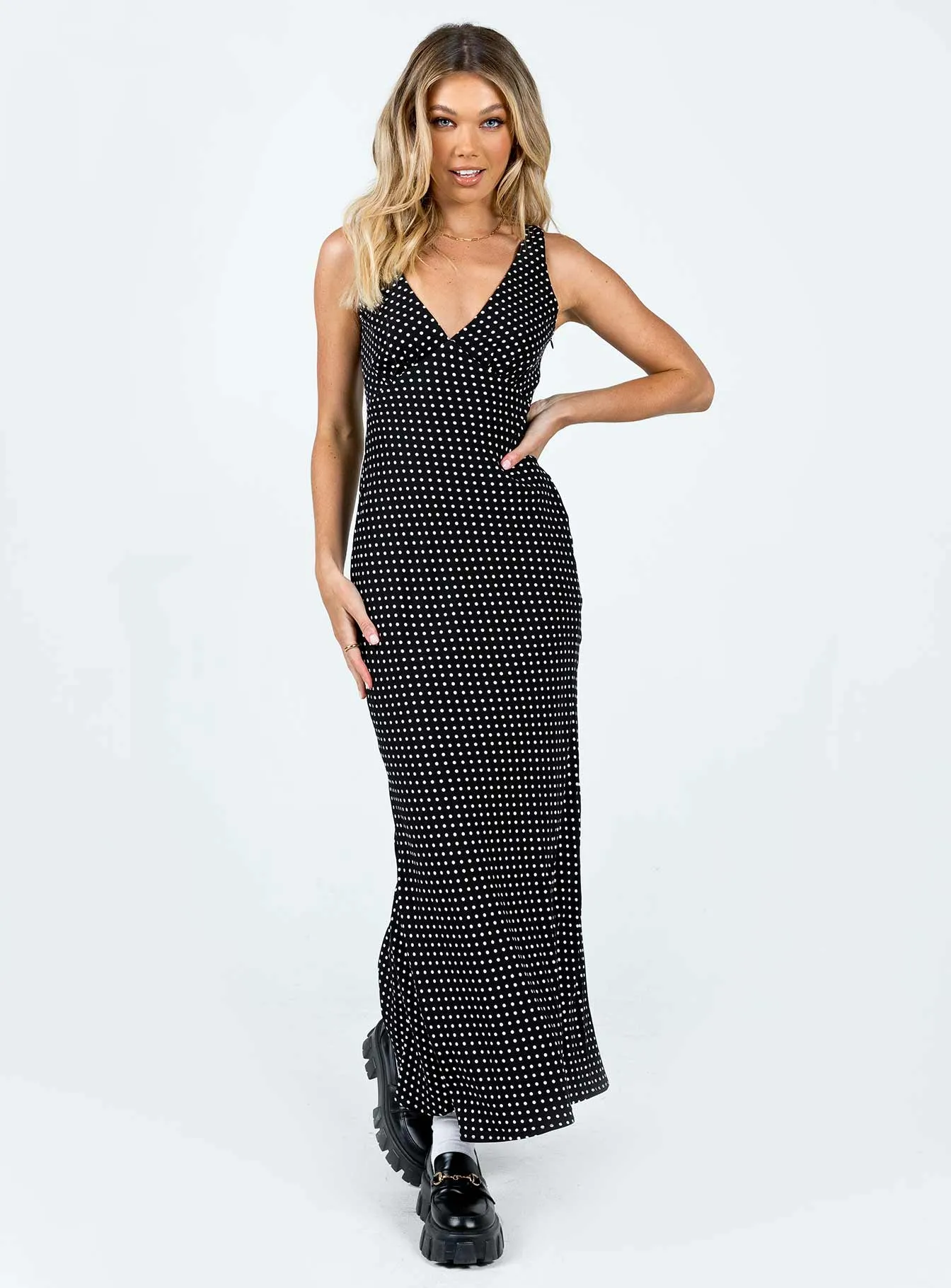 Nellie Maxi Dress Black Polka Dot Golden Wave