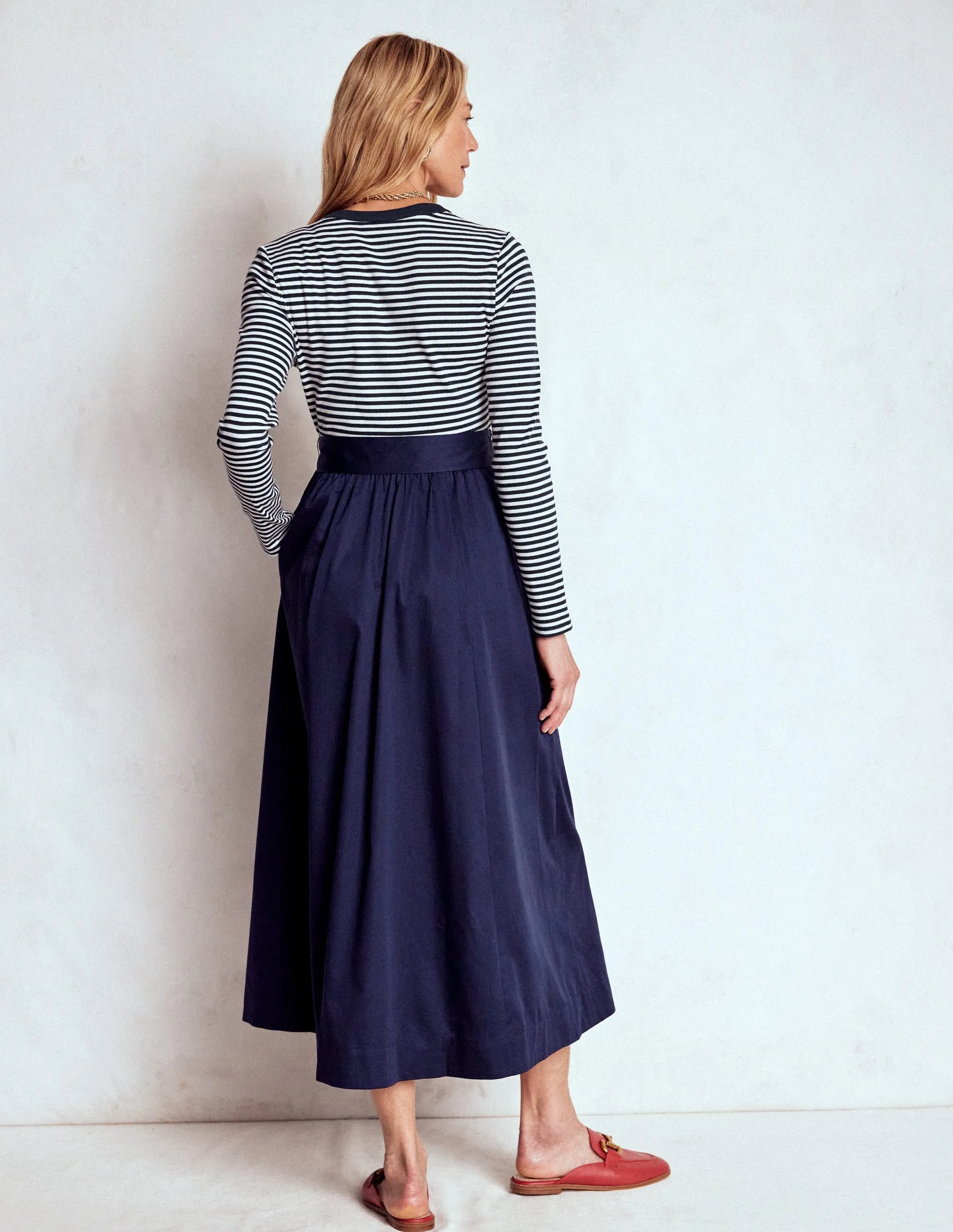 Timelessly stylish midi Button Detail Mix Dress-Navy Stripe
