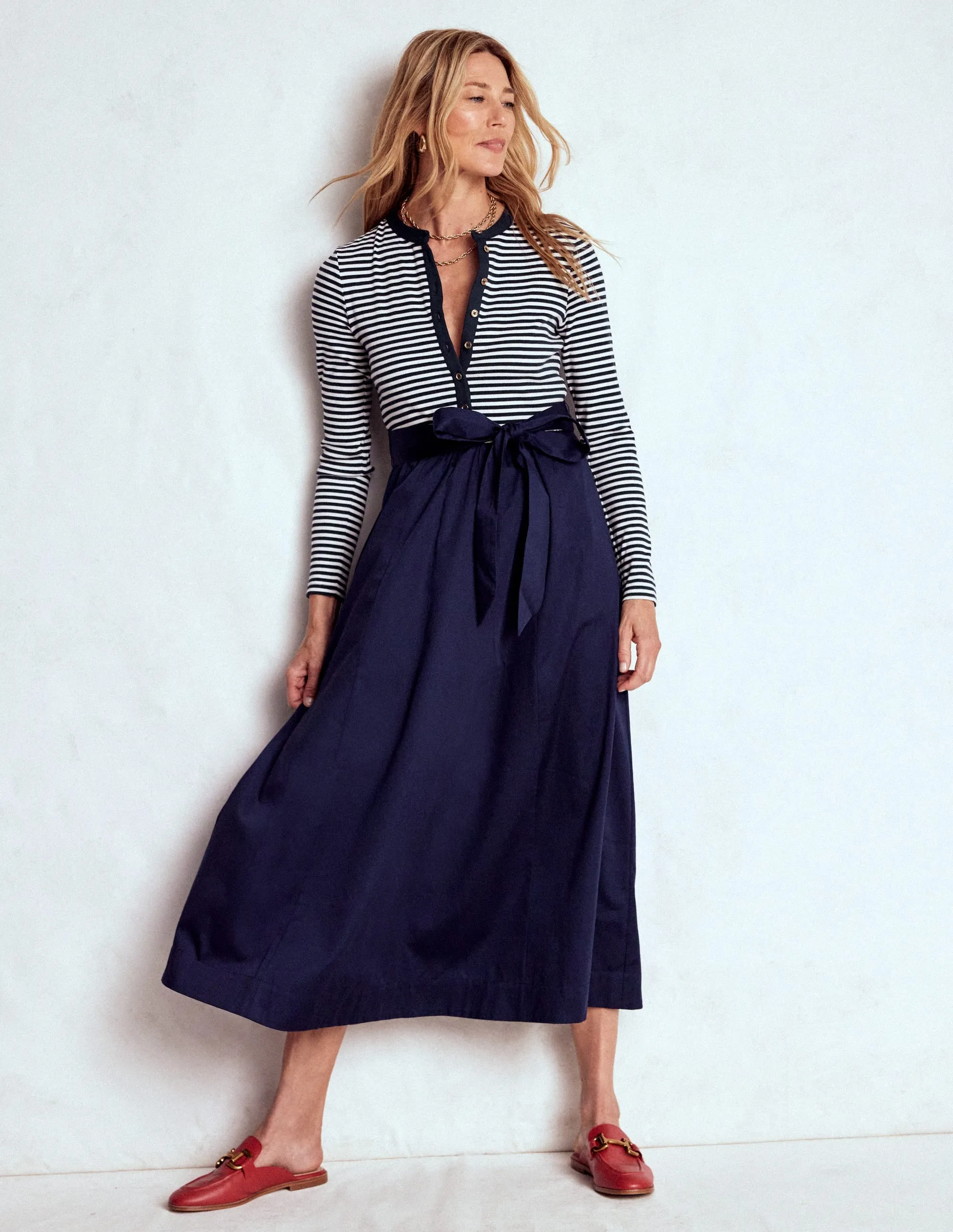 Business Meeting Smart Casual Button Detail Mix Dress-Navy Stripe
