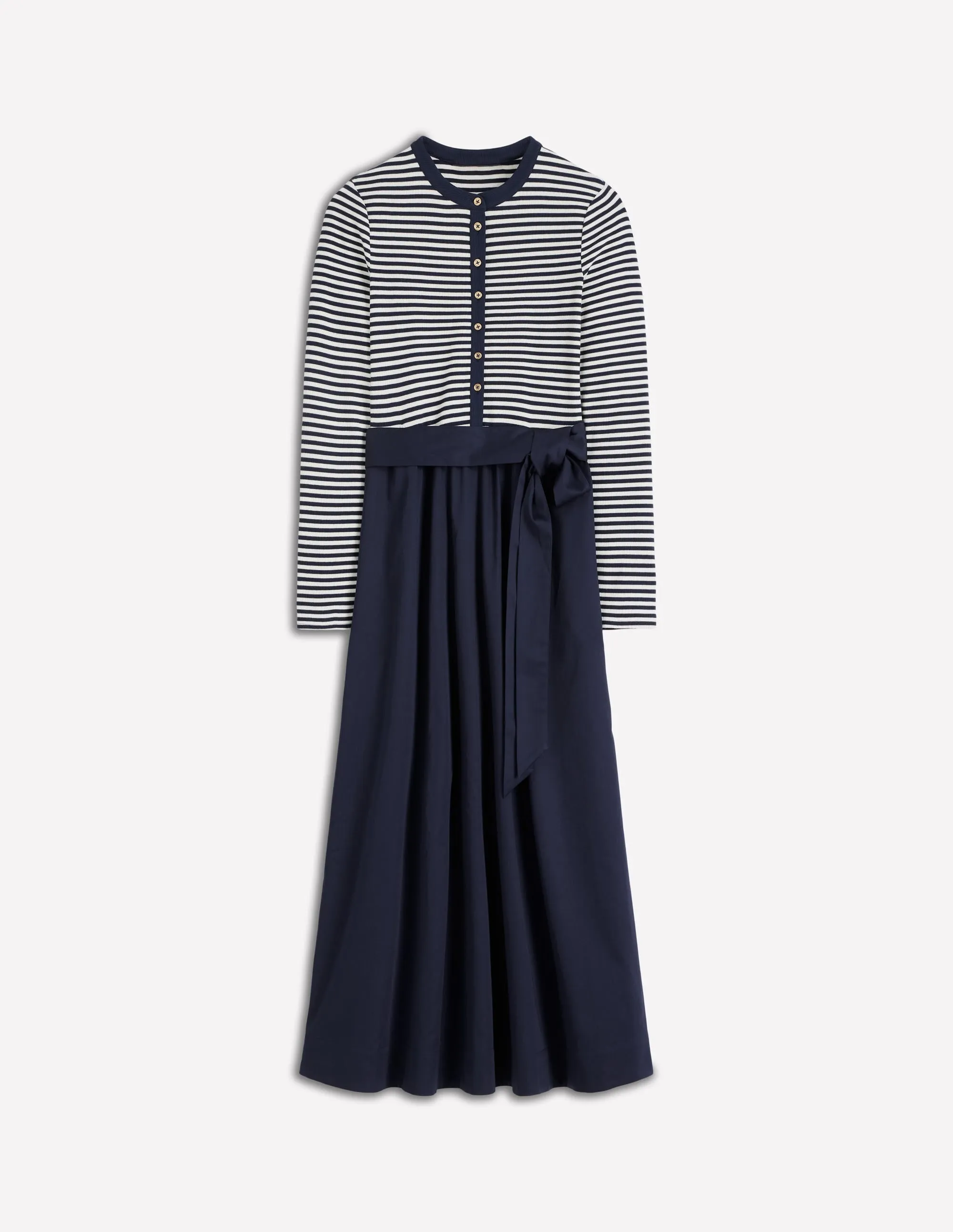 Button Detail Mix Dress-Navy Stripe Effortless Comfort Japanese Neat