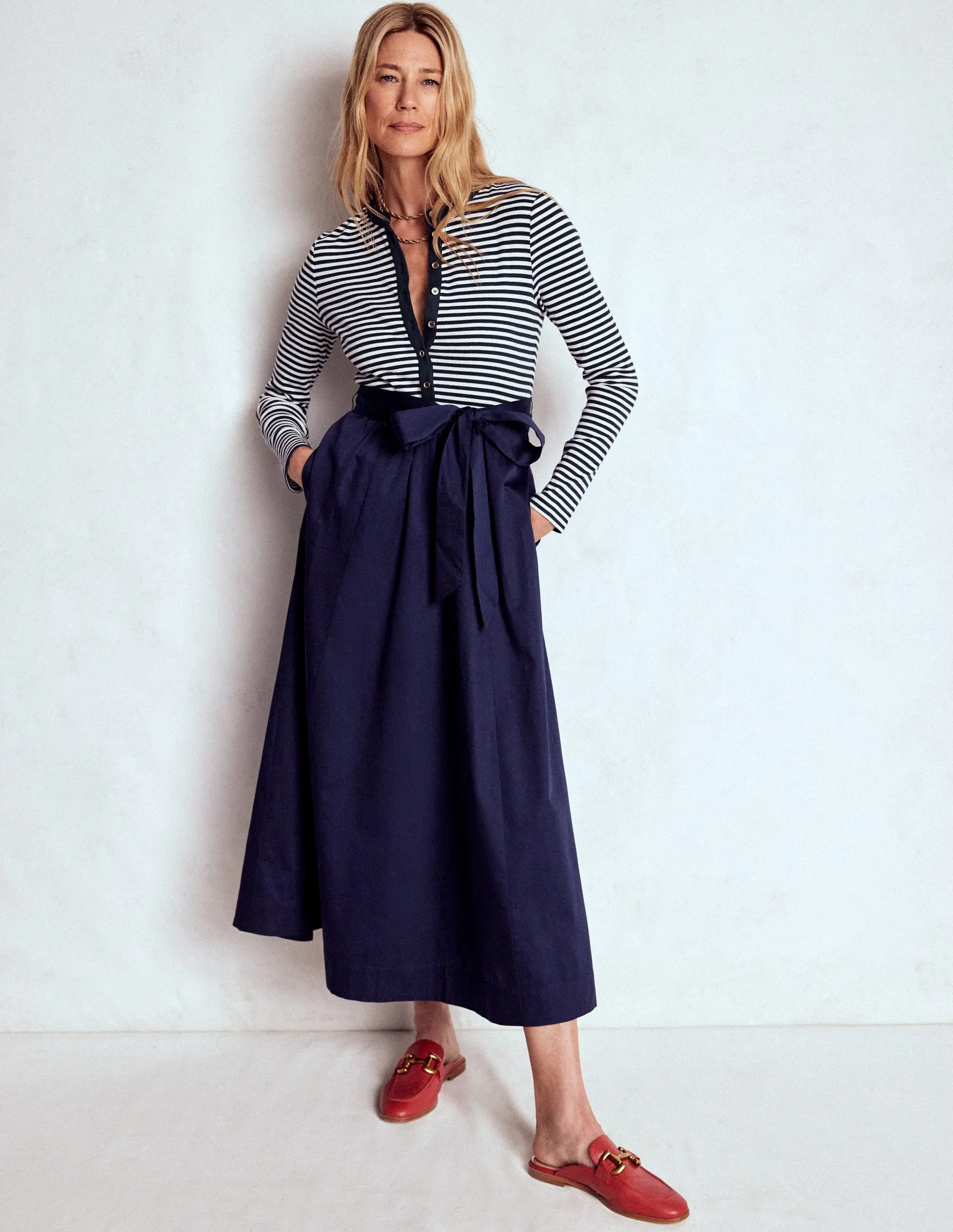 Button Detail Mix Dress-Navy Stripe Grass Smell Silver Light