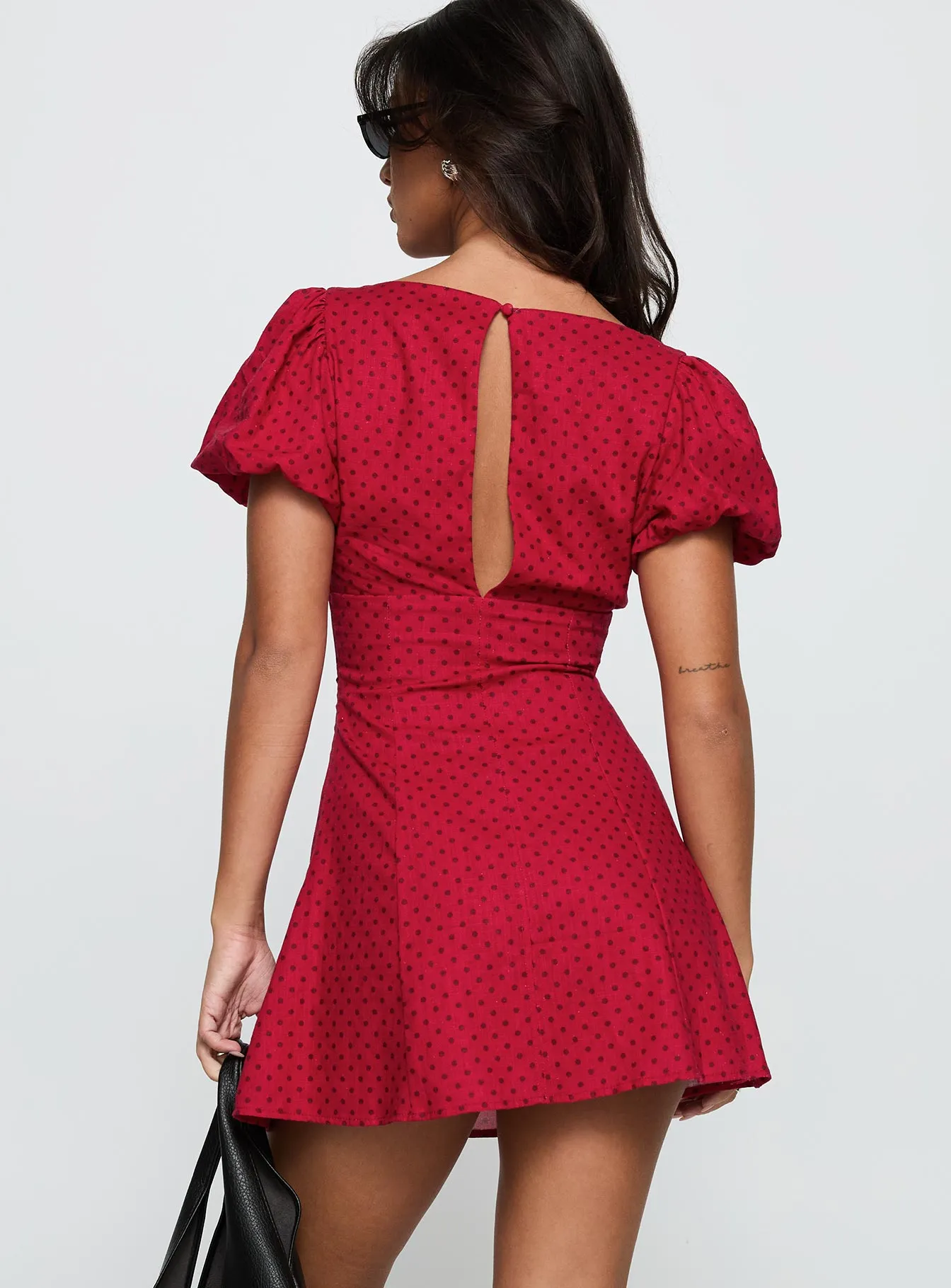 Party Soft Light Touch Beloved Puff Sleeve Linen Blend Mini Dress Red Polka