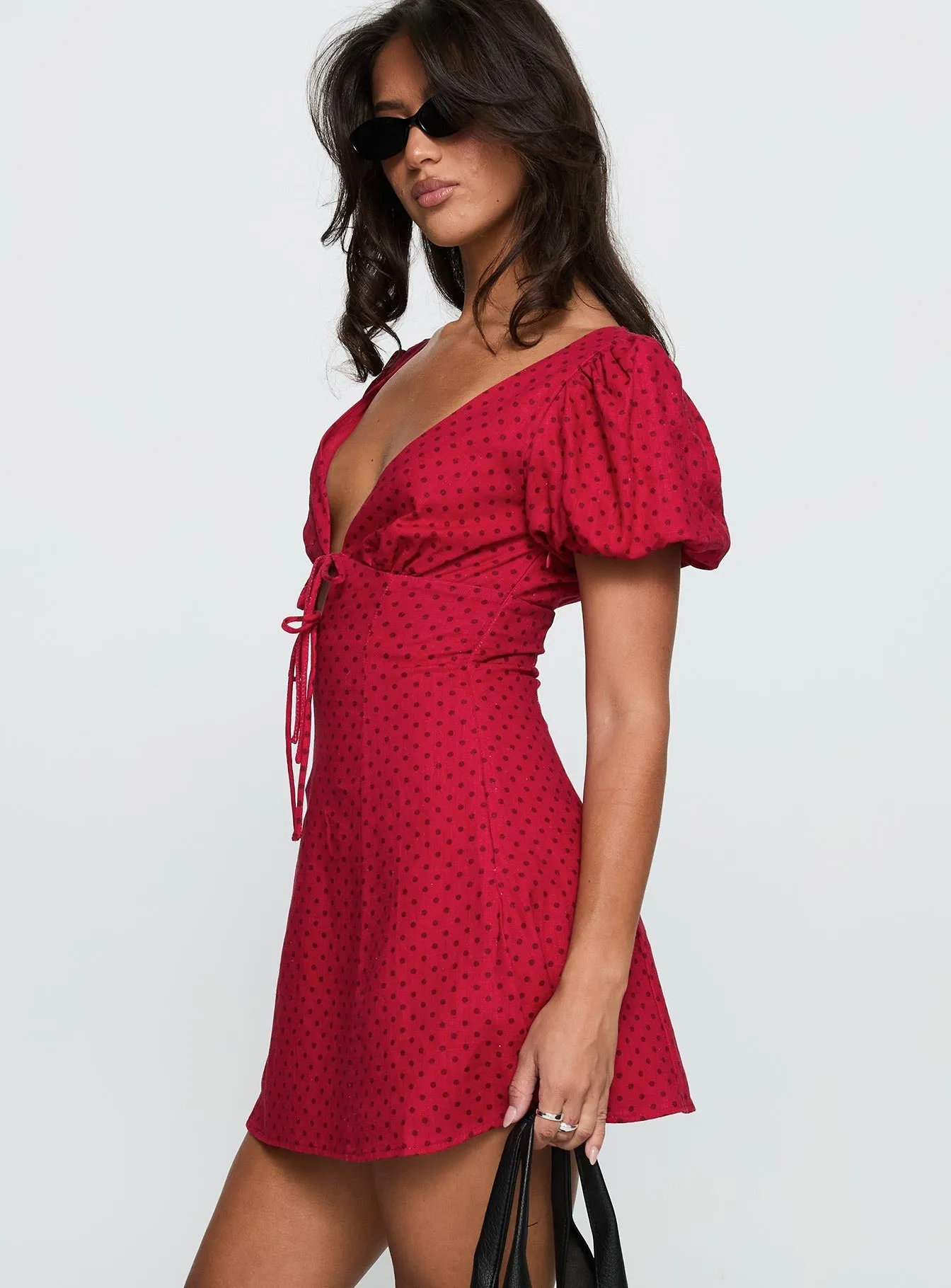 Full Circle Skirt Pattern Beloved Puff Sleeve Linen Blend Mini Dress Red Polka