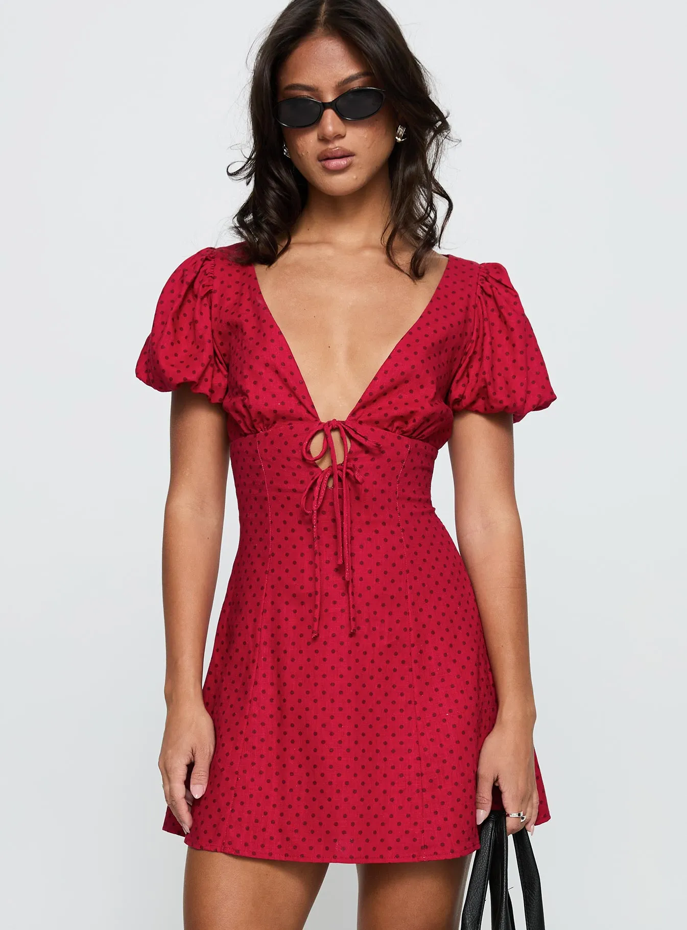 Beloved Puff Sleeve Linen Blend Mini Dress Red Polka Versatile Layering
