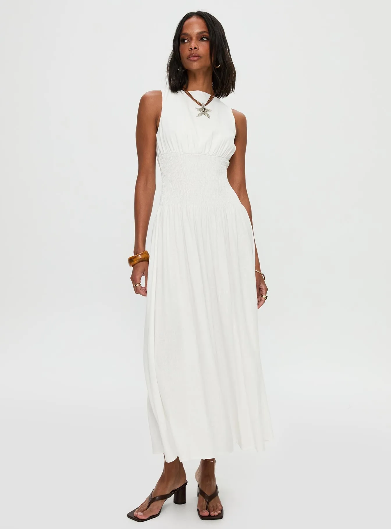 holiday vibe Lilienne Shirred Maxi Dress White