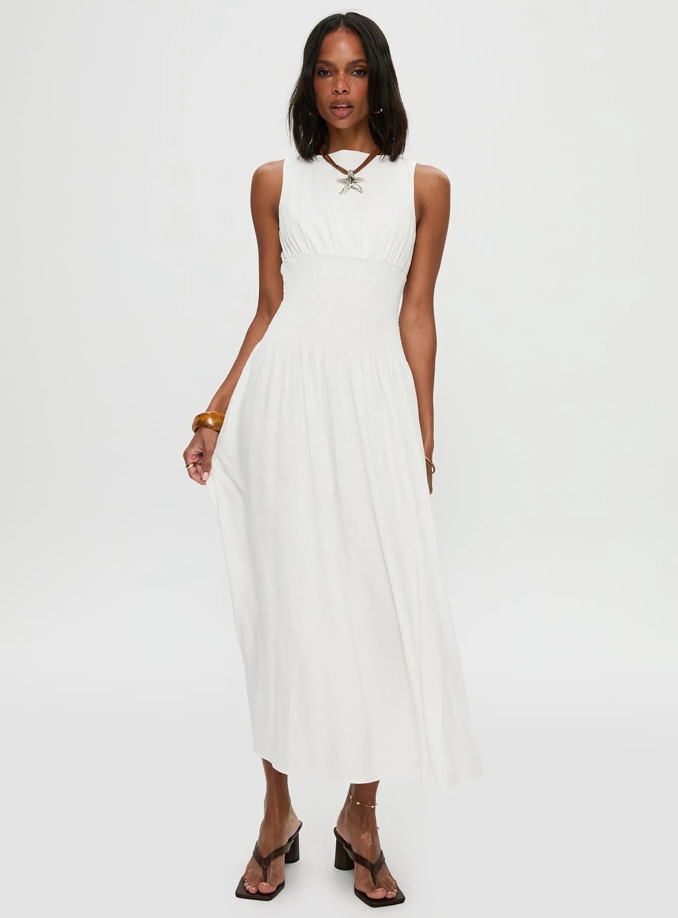 Lilienne Shirred Maxi Dress White Ocean Air Paper Wall