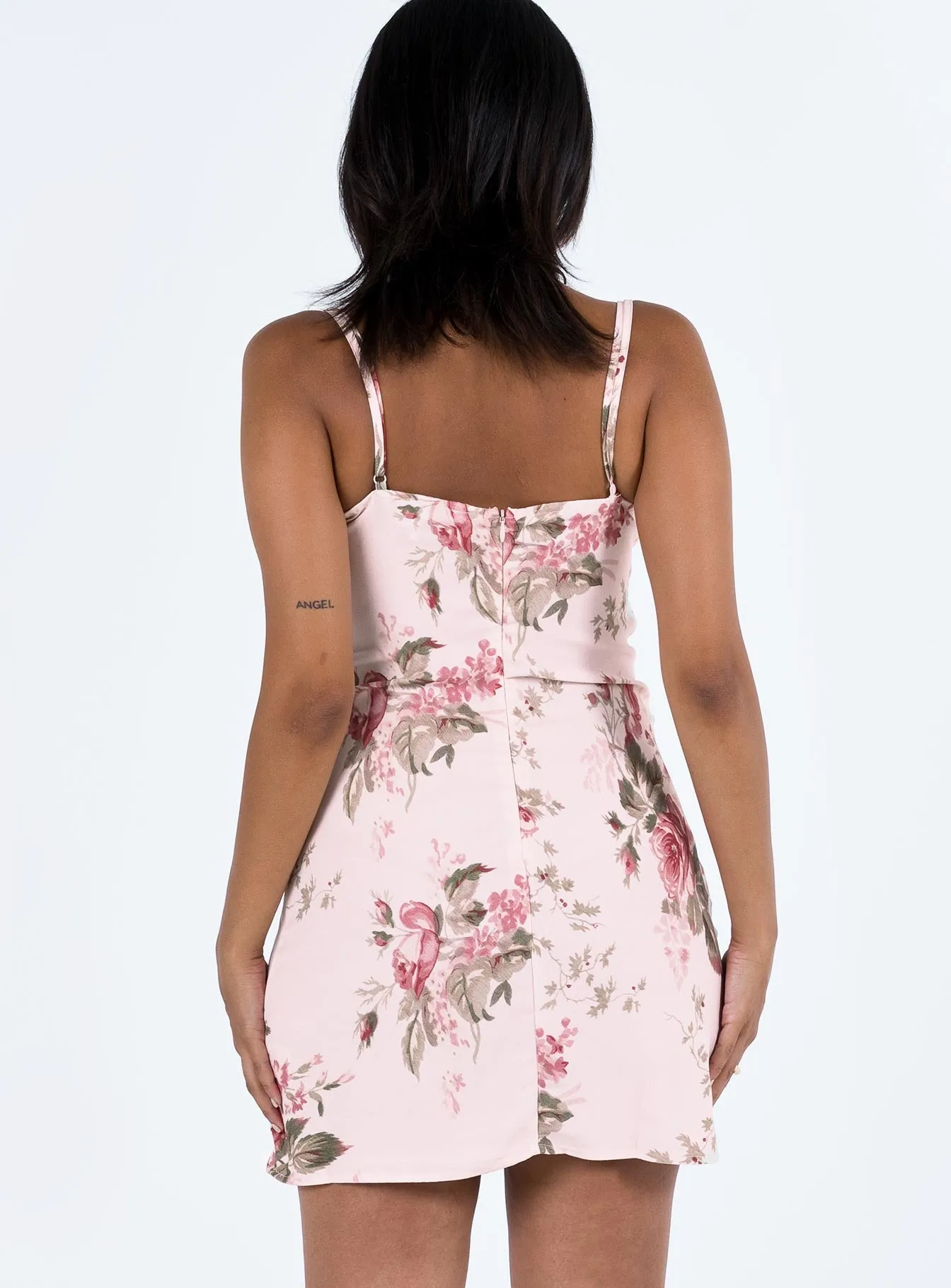 Slit Thigh Modification Trend Soft Agnola Lace Trim Mini Dress Pink Multi
