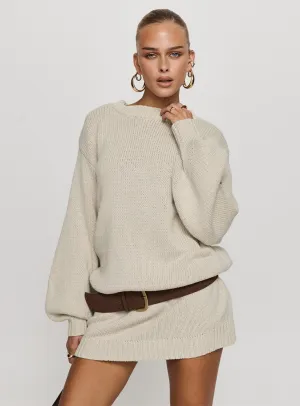 Harmony Balloon Sleeve Knit Mini Dress Beige Trendy Wear On Trend