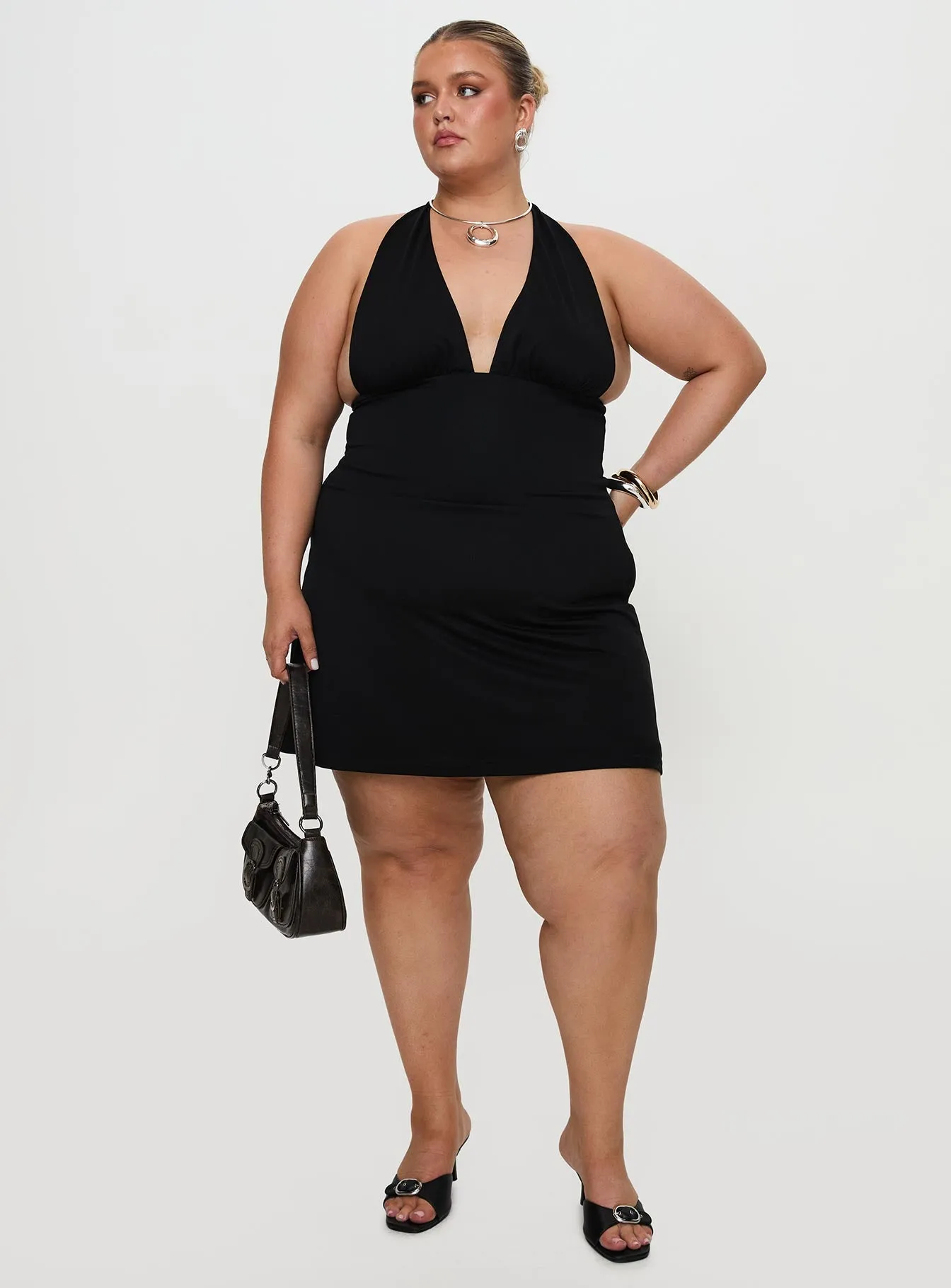 Fashionable above-the-knee gown Tinisie Halter Mini Dress Black Curve