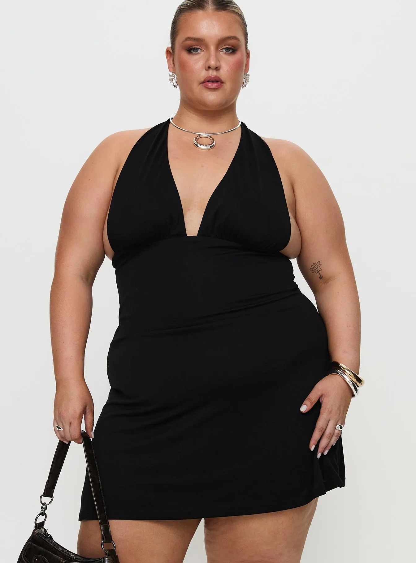 On Trend Stylish Wear Tinisie Halter Mini Dress Black Curve