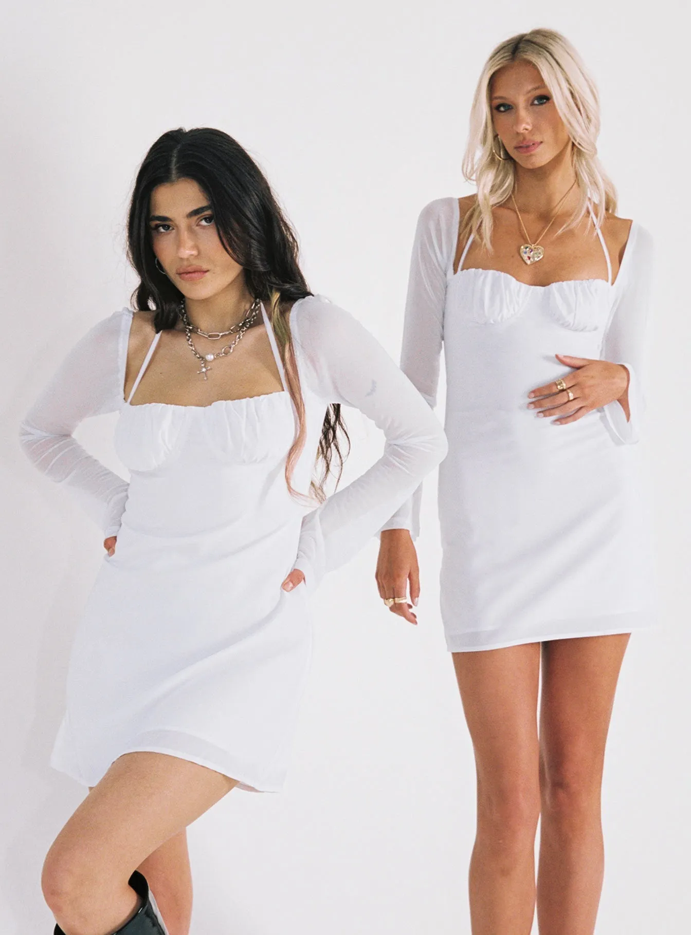 Stage Beat Dyer Sheer Sleeve Mini Dress White Petite