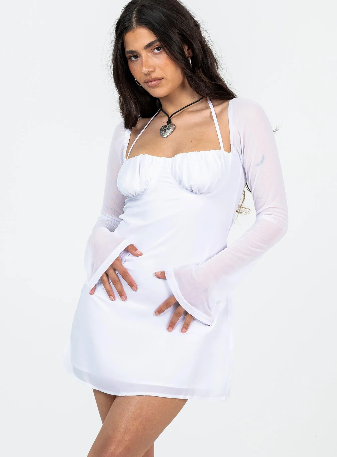 Runway Vibe Y2K Feel Dyer Sheer Sleeve Mini Dress White Petite
