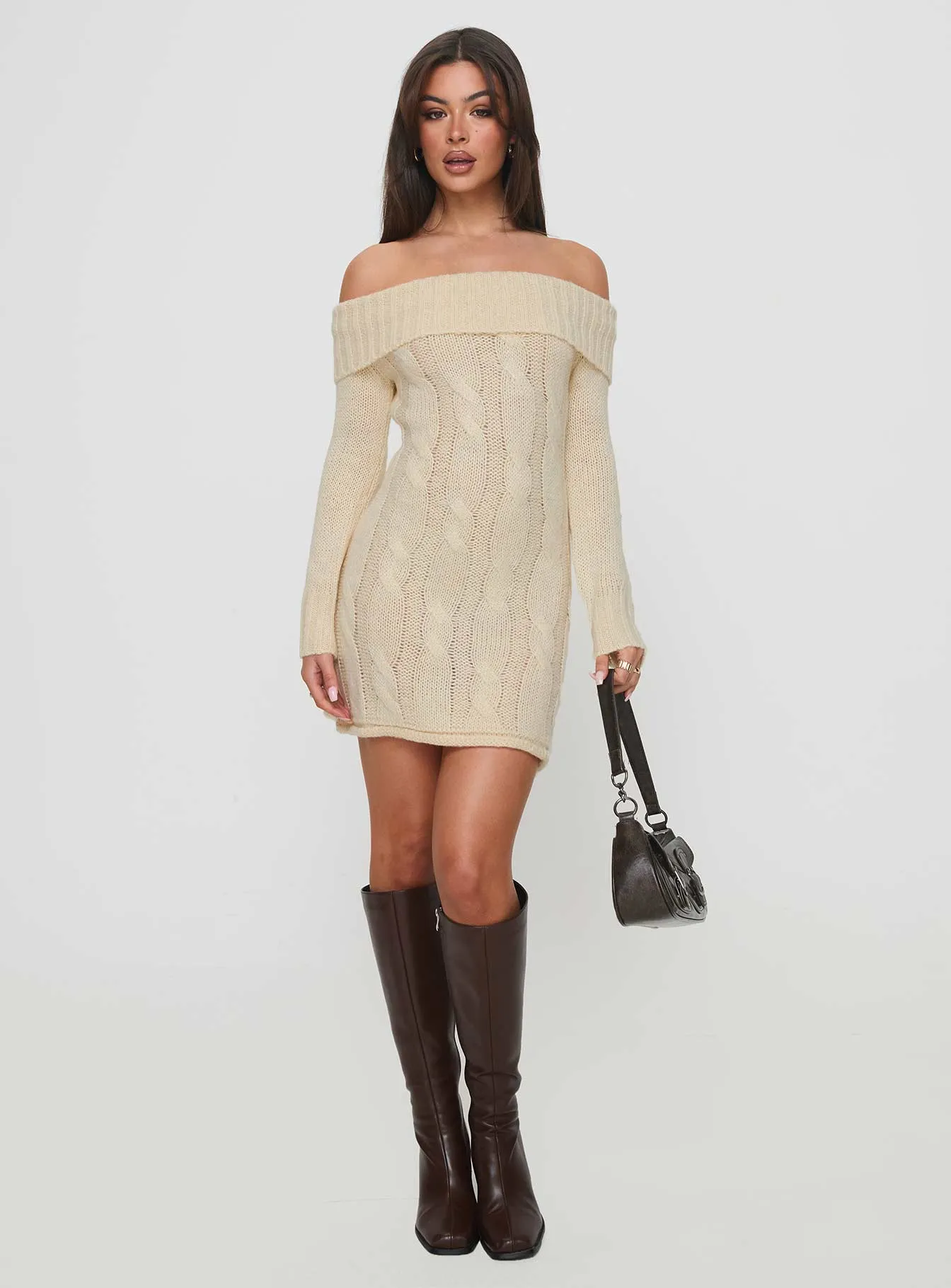 Snow Angel Off Shoulder Knit Jumper Mini Dress Cream Fresh Vibe