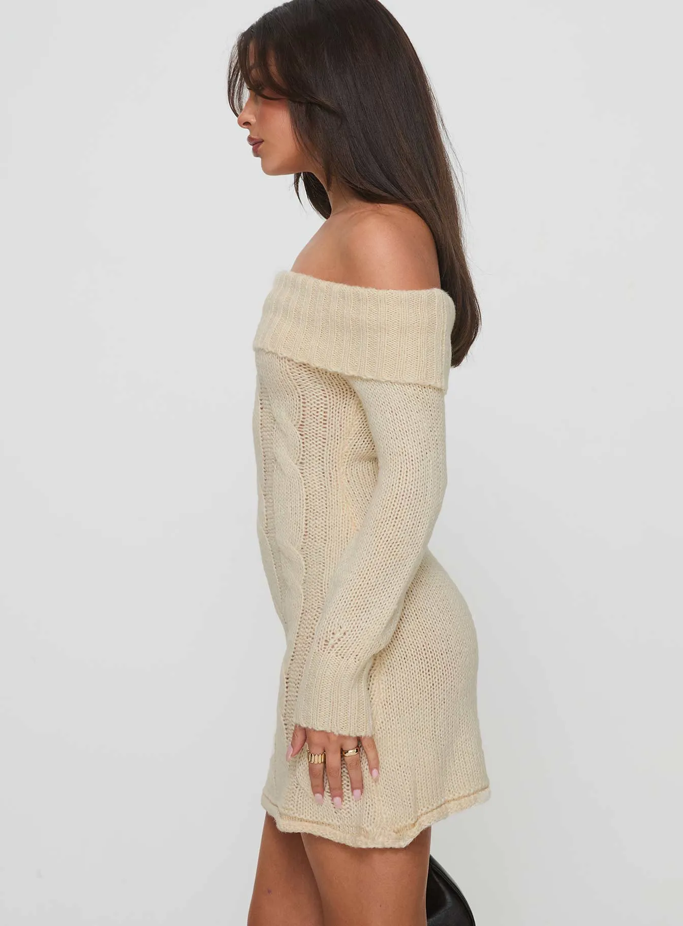 Snow Angel Off Shoulder Knit Jumper Mini Dress Cream Glow Rush Bohemian Chic