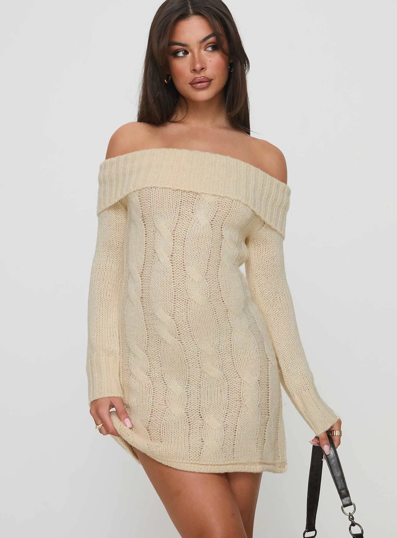 Flirty Fashion Snow Angel Off Shoulder Knit Jumper Mini Dress Cream