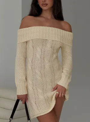 Heat Proof Effortless chic mini Snow Angel Off Shoulder Knit Jumper Mini Dress Cream