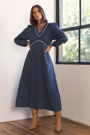 Farrah Long Sleeve Linen Dress in Pinstripe Bold Dresser
