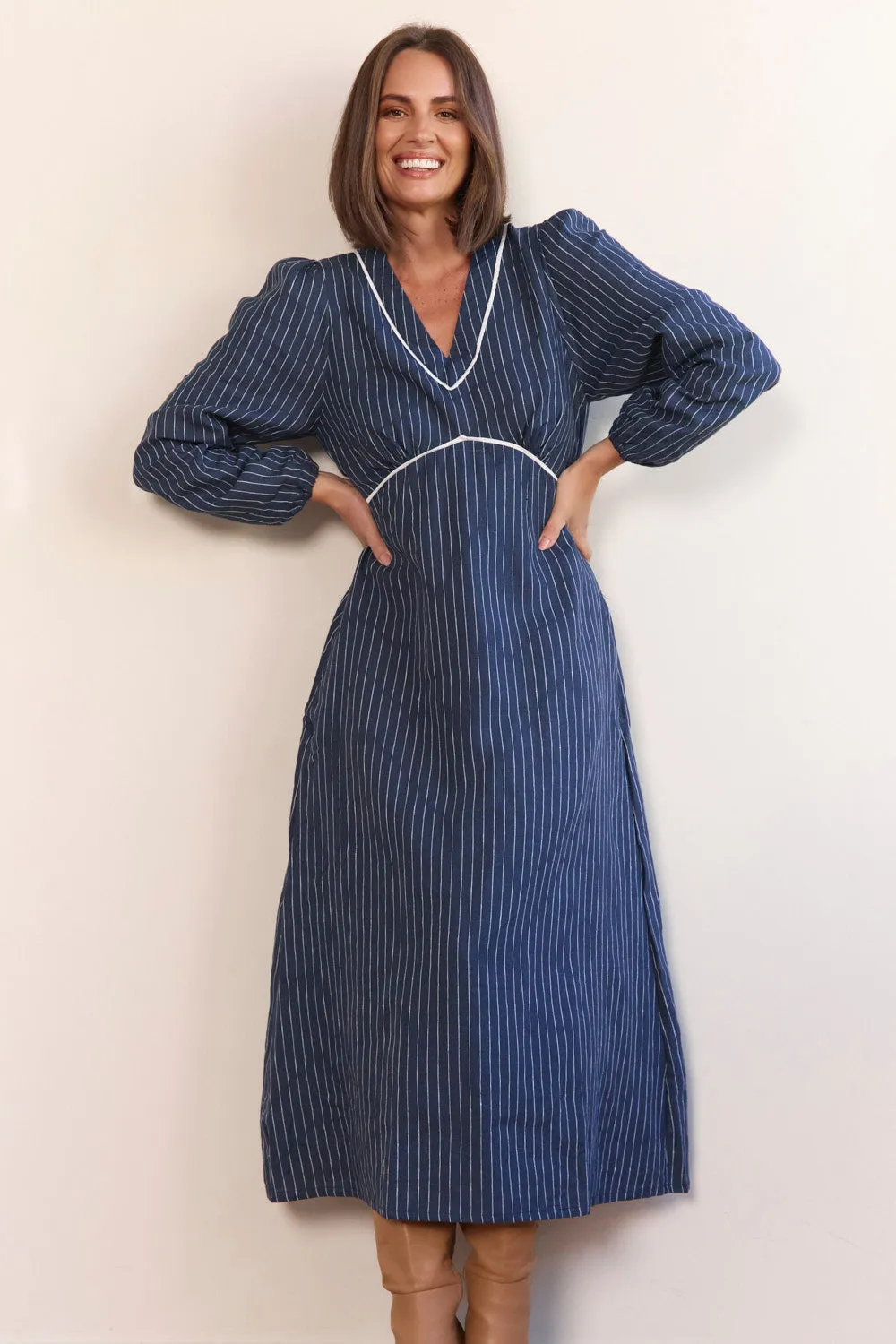 Farrah Long Sleeve Linen Dress in Pinstripe Poetic Mood Elegant Layers