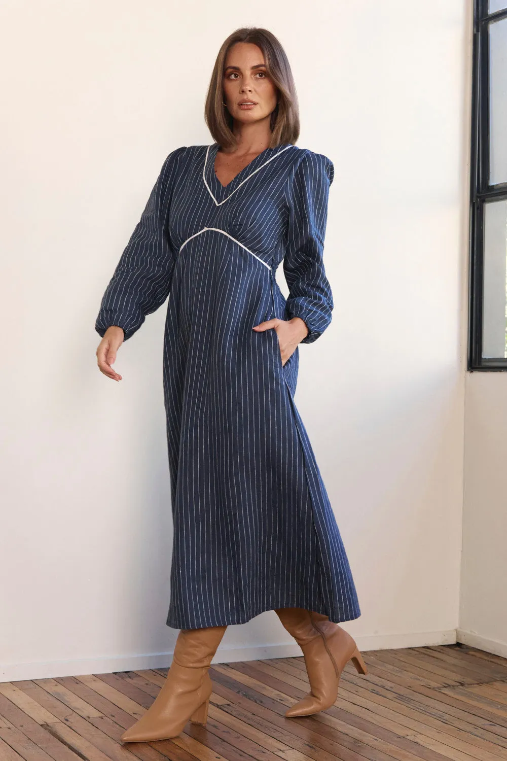 Trendy casual event dress Farrah Long Sleeve Linen Dress in Pinstripe