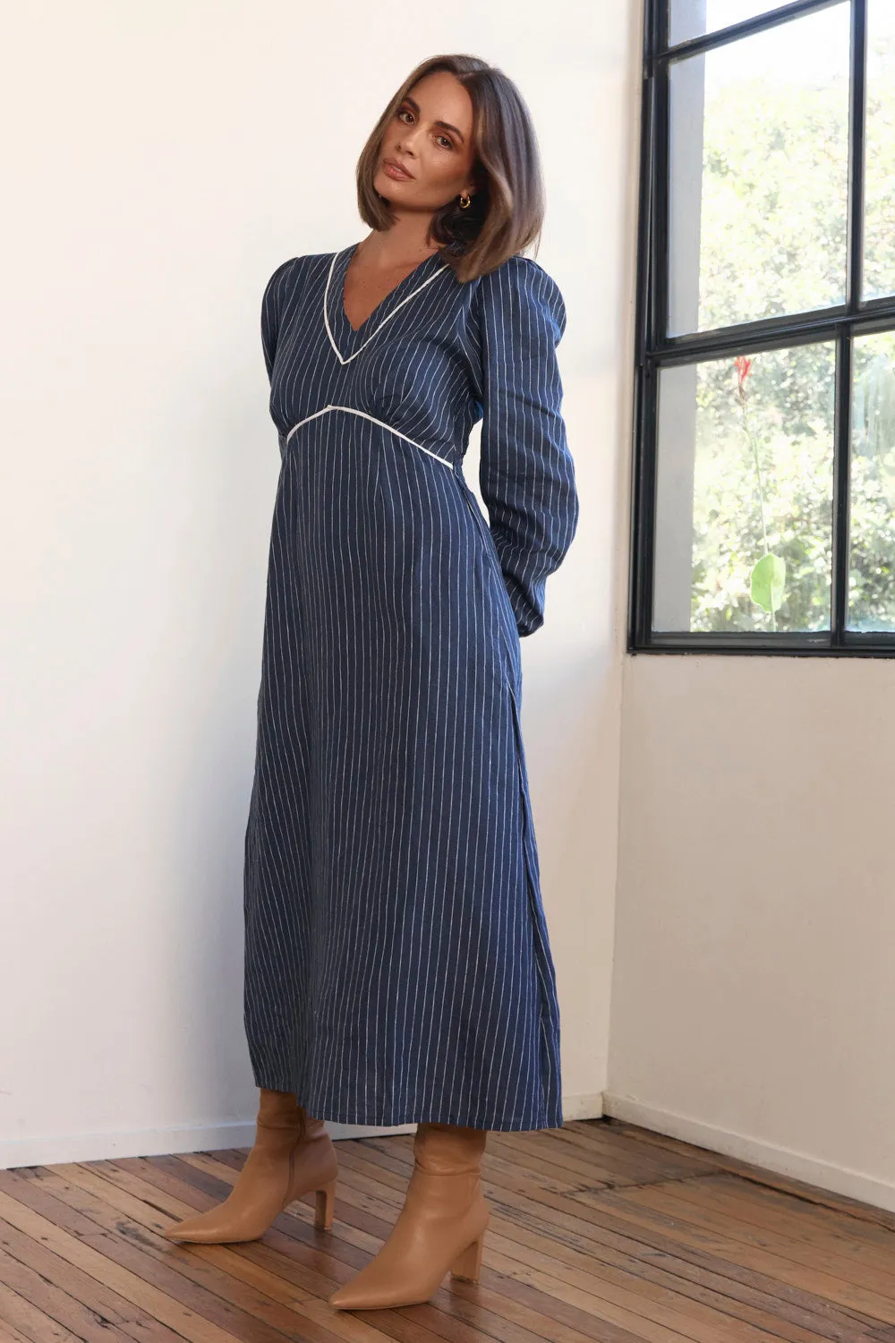 Wrinkle Resistant Road Trip Farrah Long Sleeve Linen Dress in Pinstripe