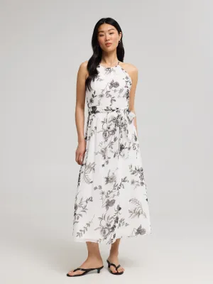 Timelessly stylish midi Floral Print Halter Chiffon Dress