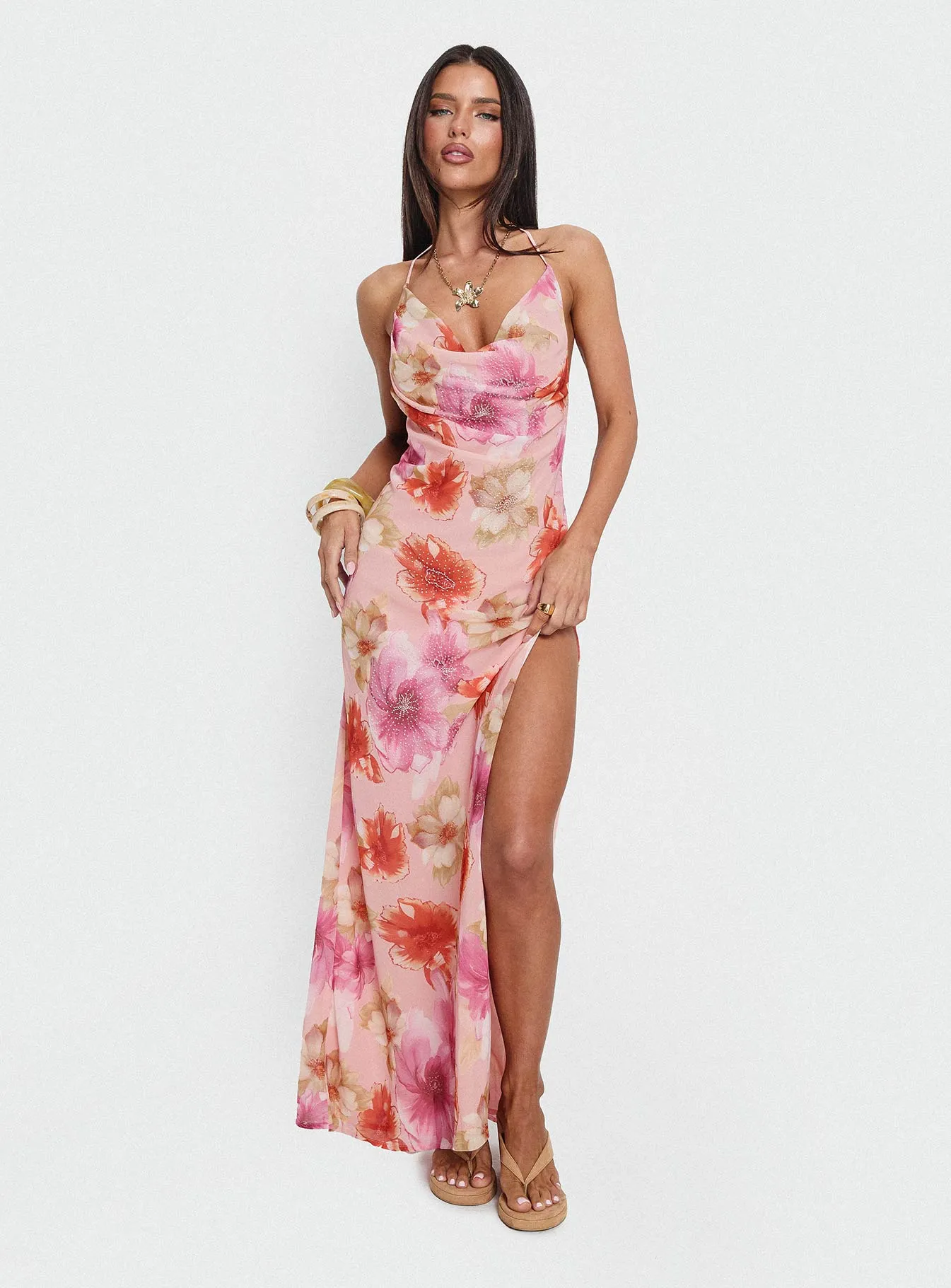 Wedding guest With its graceful design this dress creates a polished look for any occasion Sibellah Beaded Cowl Neck Maxi Dress Pink Multi