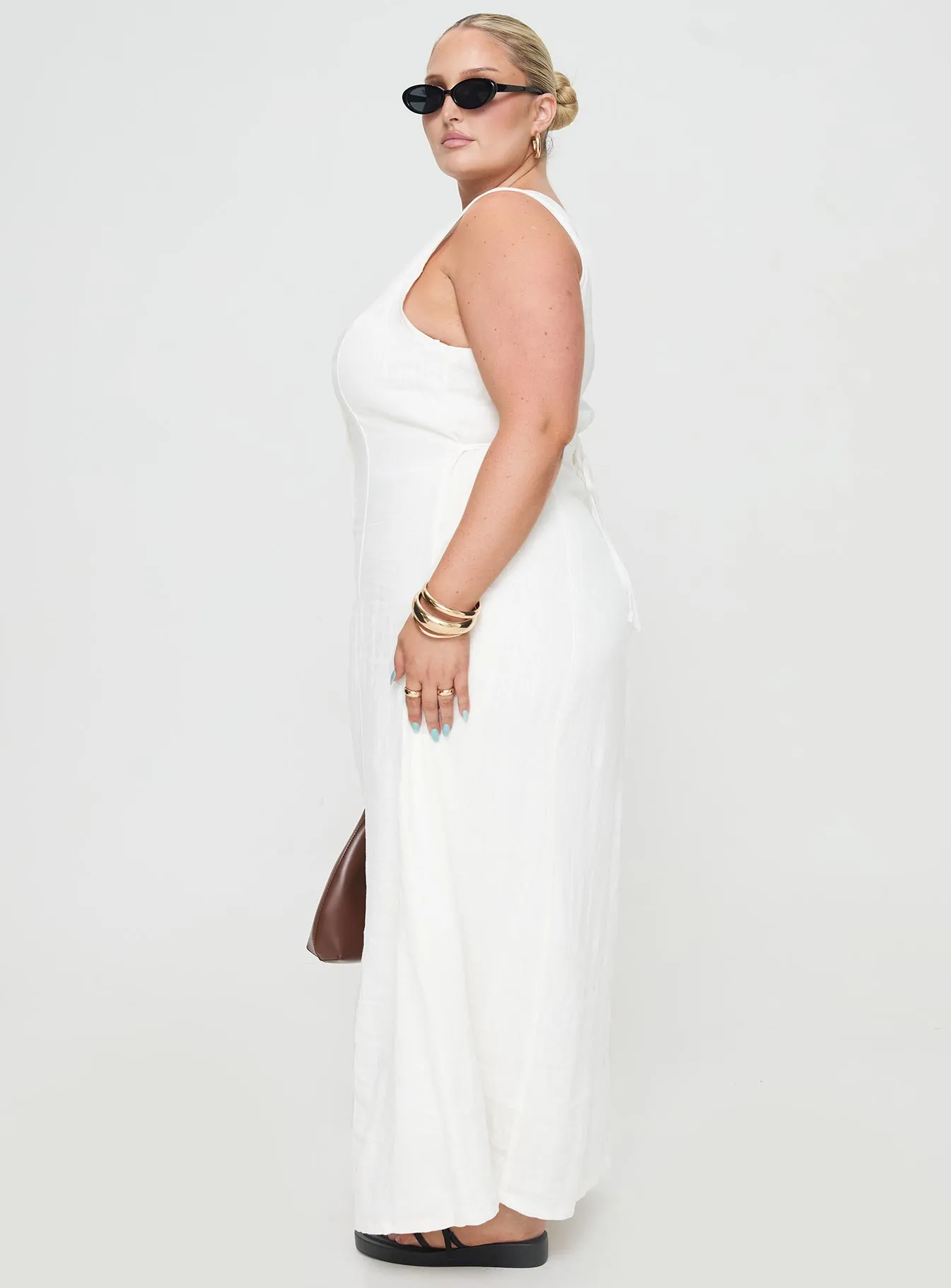 Bronze Glow Summer Season Linen Blend Maxi Dress White Curve