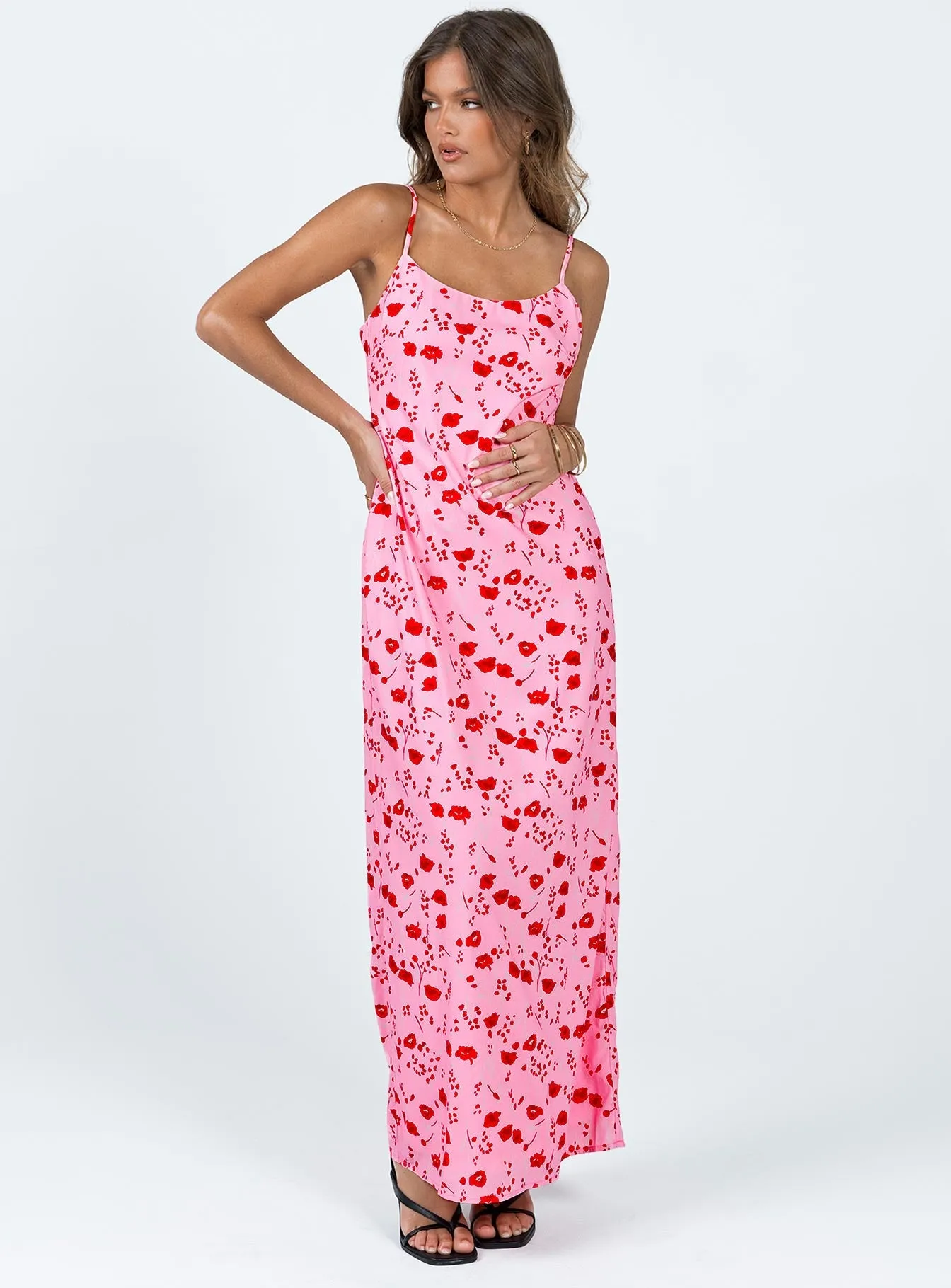 Cherry Dream Maxi Dress Pink Neon Pop The lightweight fabric of this dress ensures it is breathable and comfortable in any weather