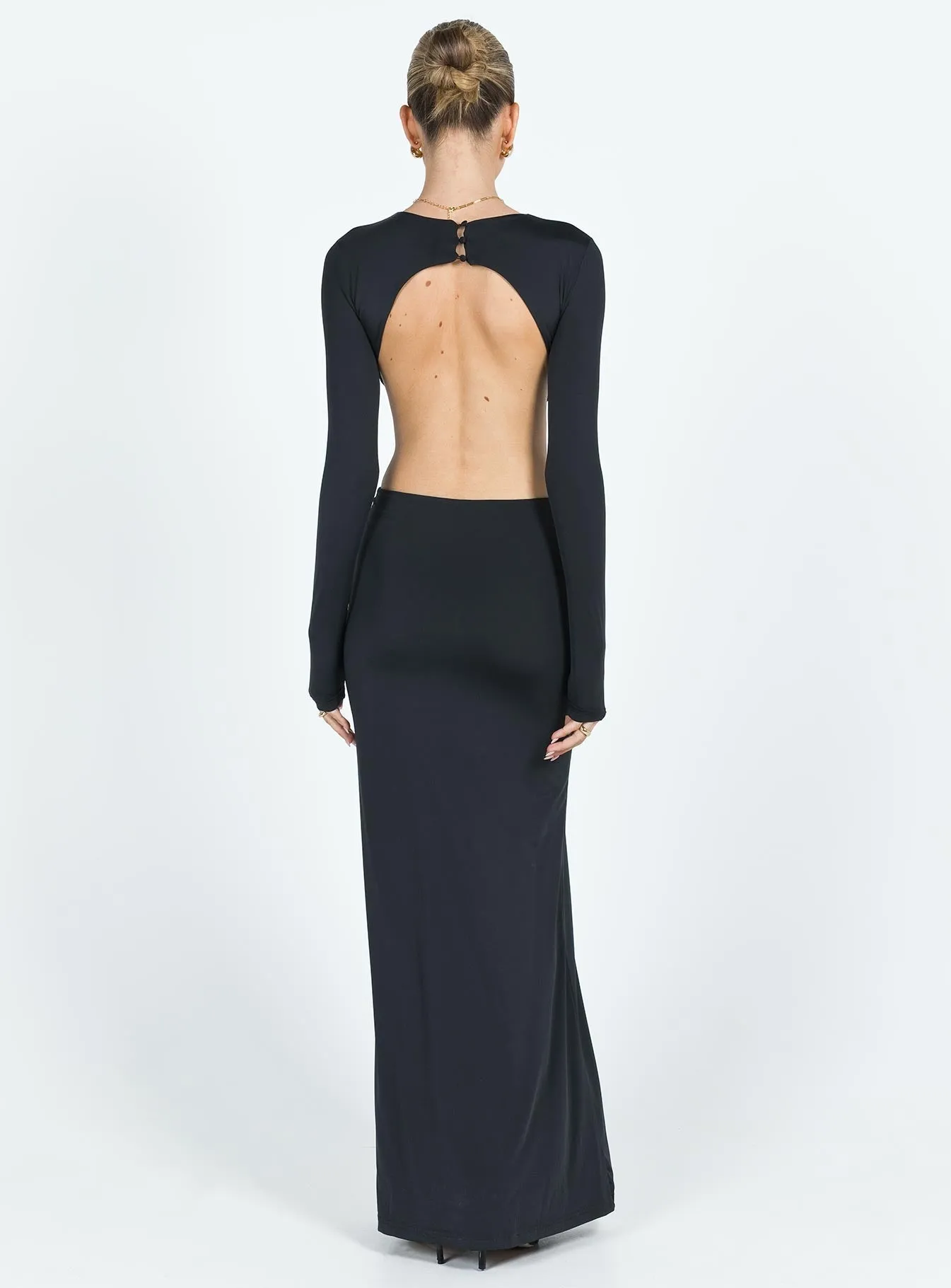 Heuston Backless Maxi Dress Black Winter Soft Bold printed floor dress