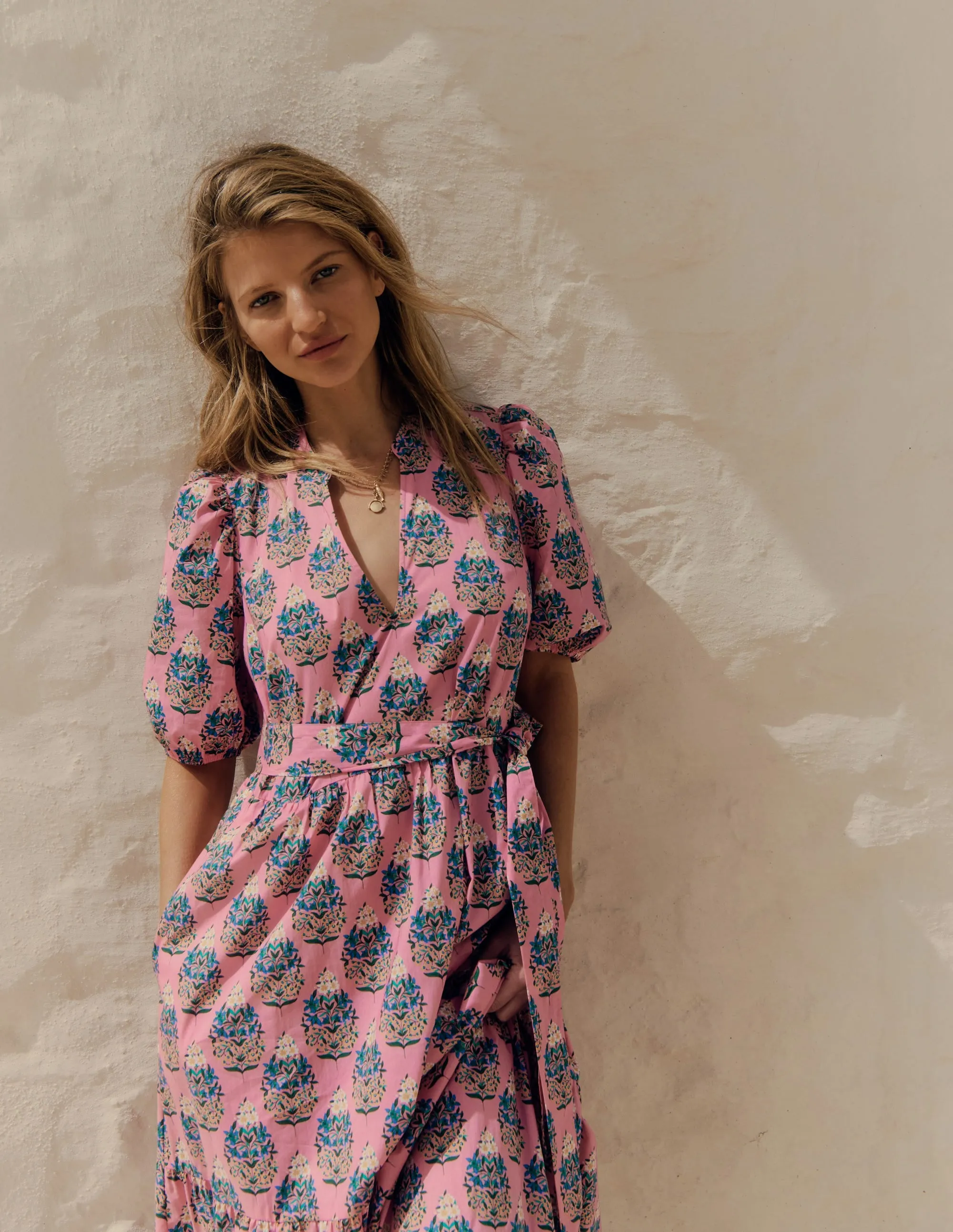 Modern Wear Christabel Cotton Midi Dress-Pink, Wildflower Bouquet