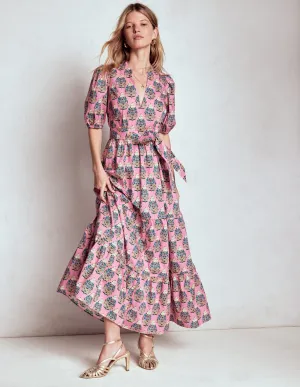 Christabel Cotton Midi Dress-Pink, Wildflower Bouquet Wave Sound Sand Step