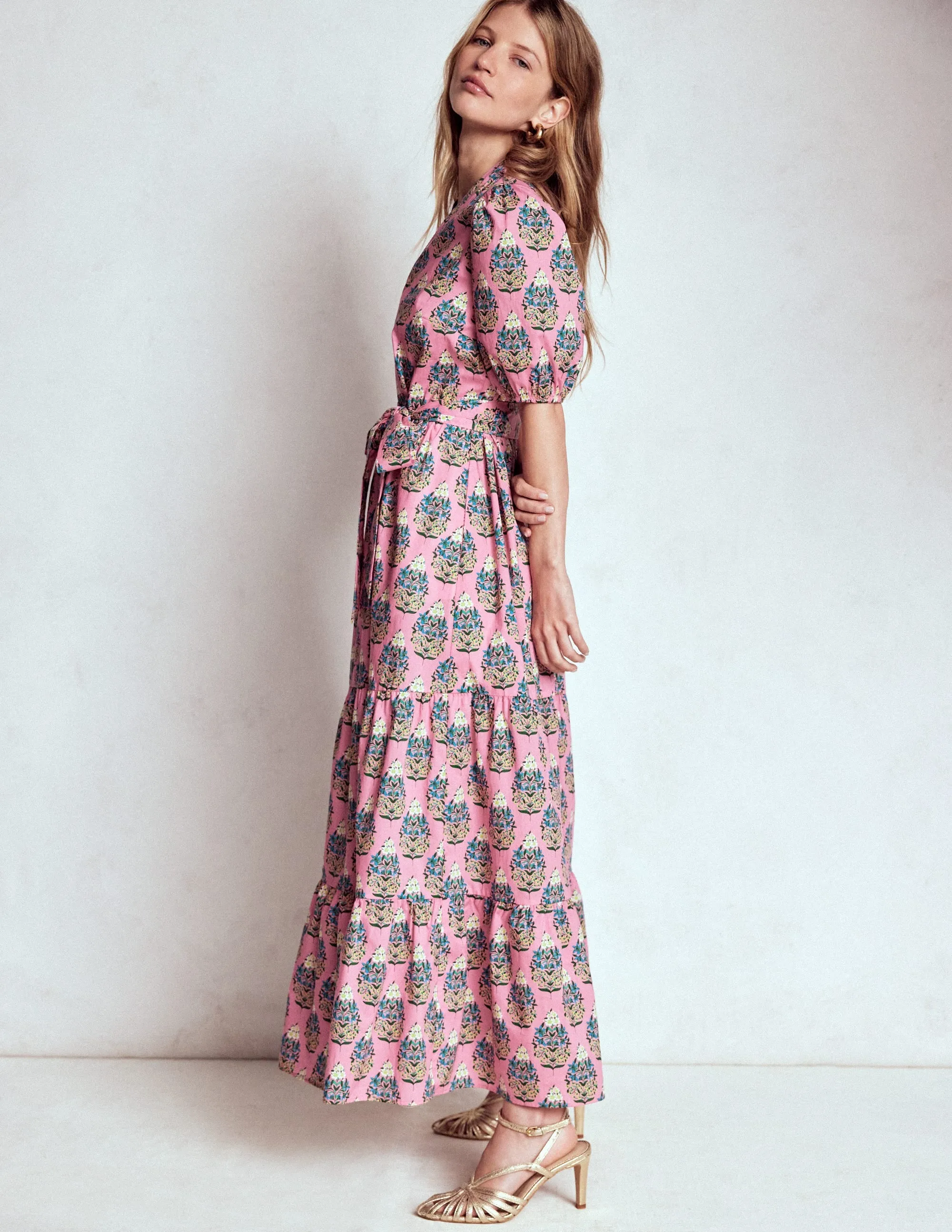 Casual Style European Charm Christabel Cotton Midi Dress-Pink, Wildflower Bouquet